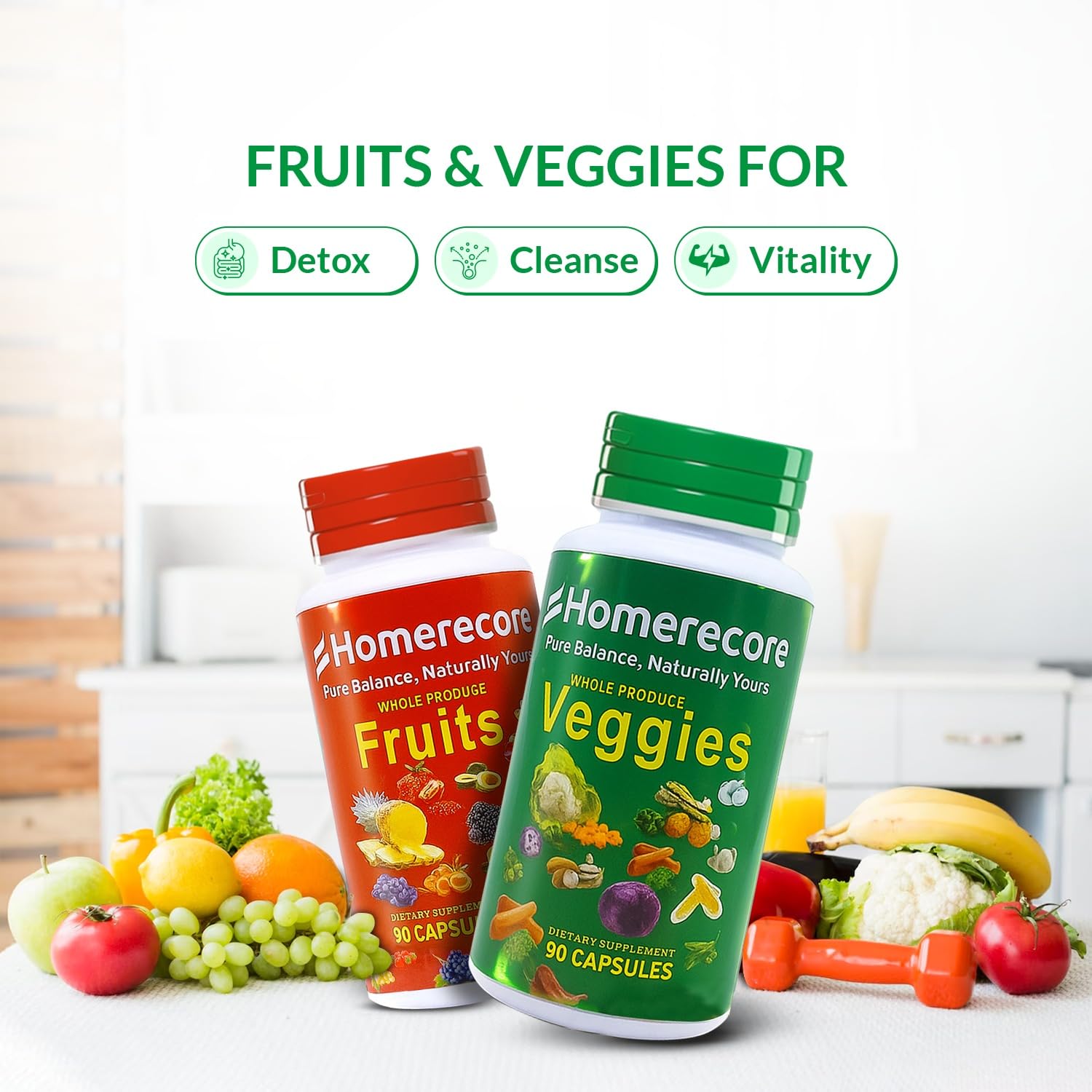 HOMERECORE Whole Food Fruits & Veggies Supplement Plant-Based, Vegan, Gluten-Free, Soy-Free No Fillers Natural Superfoods Boost Energy & Immune System for Men & Women 90 Fruit & 90 Veggie Capsules - TrustMedUSA