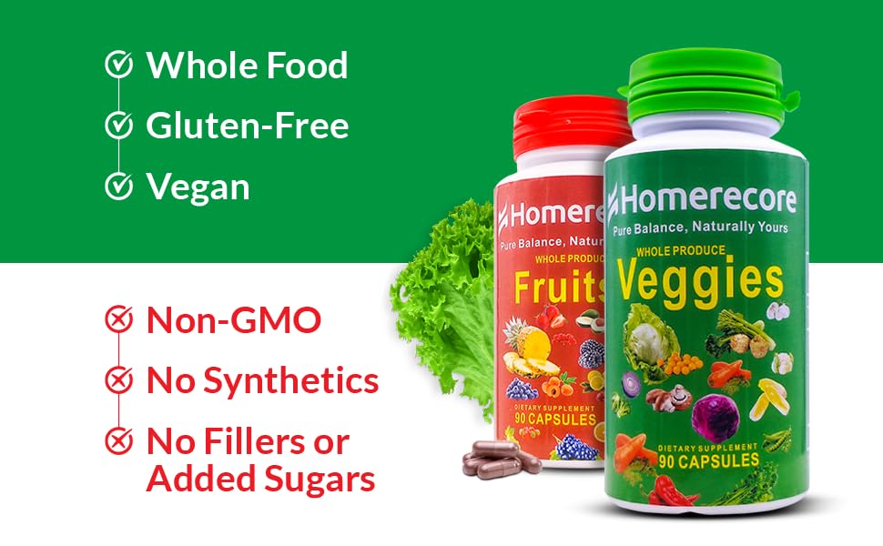 HOMERECORE Whole Food Fruits & Veggies Supplement Plant-Based, Vegan, Gluten-Free, Soy-Free No Fillers Natural Superfoods Boost Energy & Immune System for Men & Women 90 Fruit & 90 Veggie Capsules - TrustMedUSA