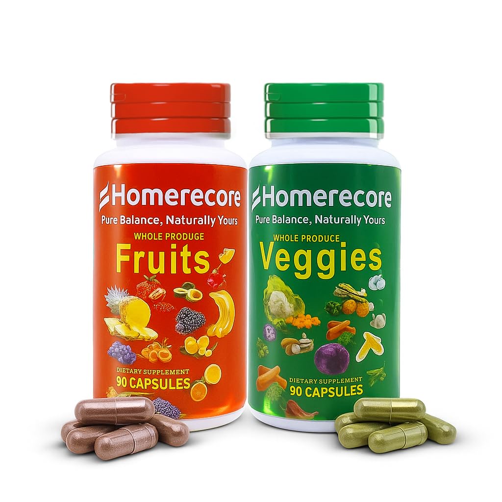 HOMERECORE Whole Food Fruits & Veggies Supplement Plant-Based, Vegan, Gluten-Free, Soy-Free No Fillers Natural Superfoods Boost Energy & Immune System for Men & Women 90 Fruit & 90 Veggie Capsules - TrustMedUSA