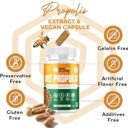 HONEYBEEZONE-Bee Propolis Capsules – 100% Natural Energy and Immune Support Supplement | Non-GMO, Gluten-Free, 60 Easy-to-Swallow Veggie Capsules - TrustMedUSA