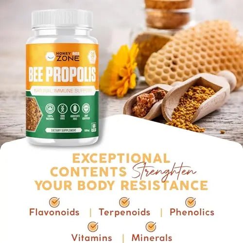 HONEYBEEZONE-Bee Propolis Capsules – 100% Natural Energy and Immune Support Supplement | Non-GMO, Gluten-Free, 60 Easy-to-Swallow Veggie Capsules - TrustMedUSA