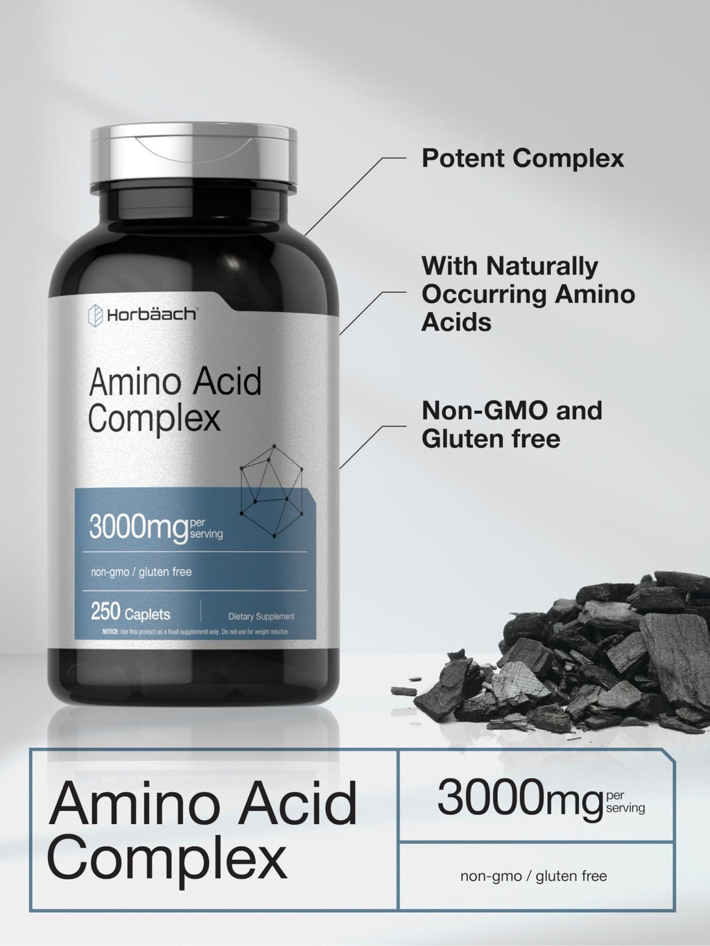 Horbäach Amino Acid Complex 3000mg | 250 Caplets | Non-GMO, Gluten Free Supplement - TrustMedUSA