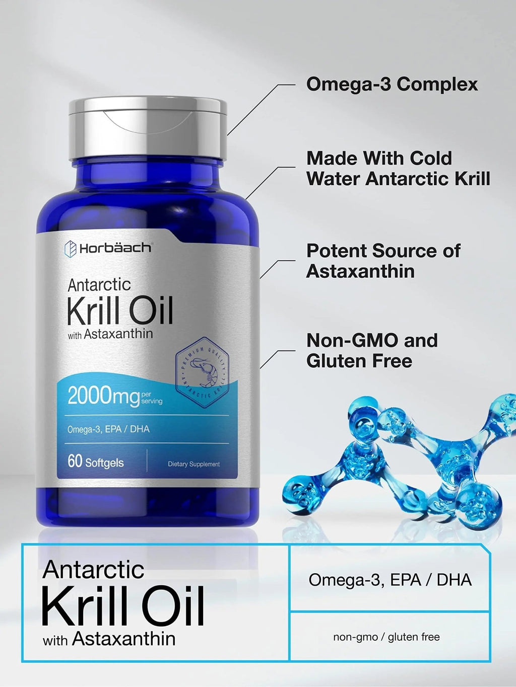 Horbäach Antarctic Krill Oil 2000mg | 60 Softgel Capsules | Omega-3, EPA, DHA Supplemen - TrustMedUSA