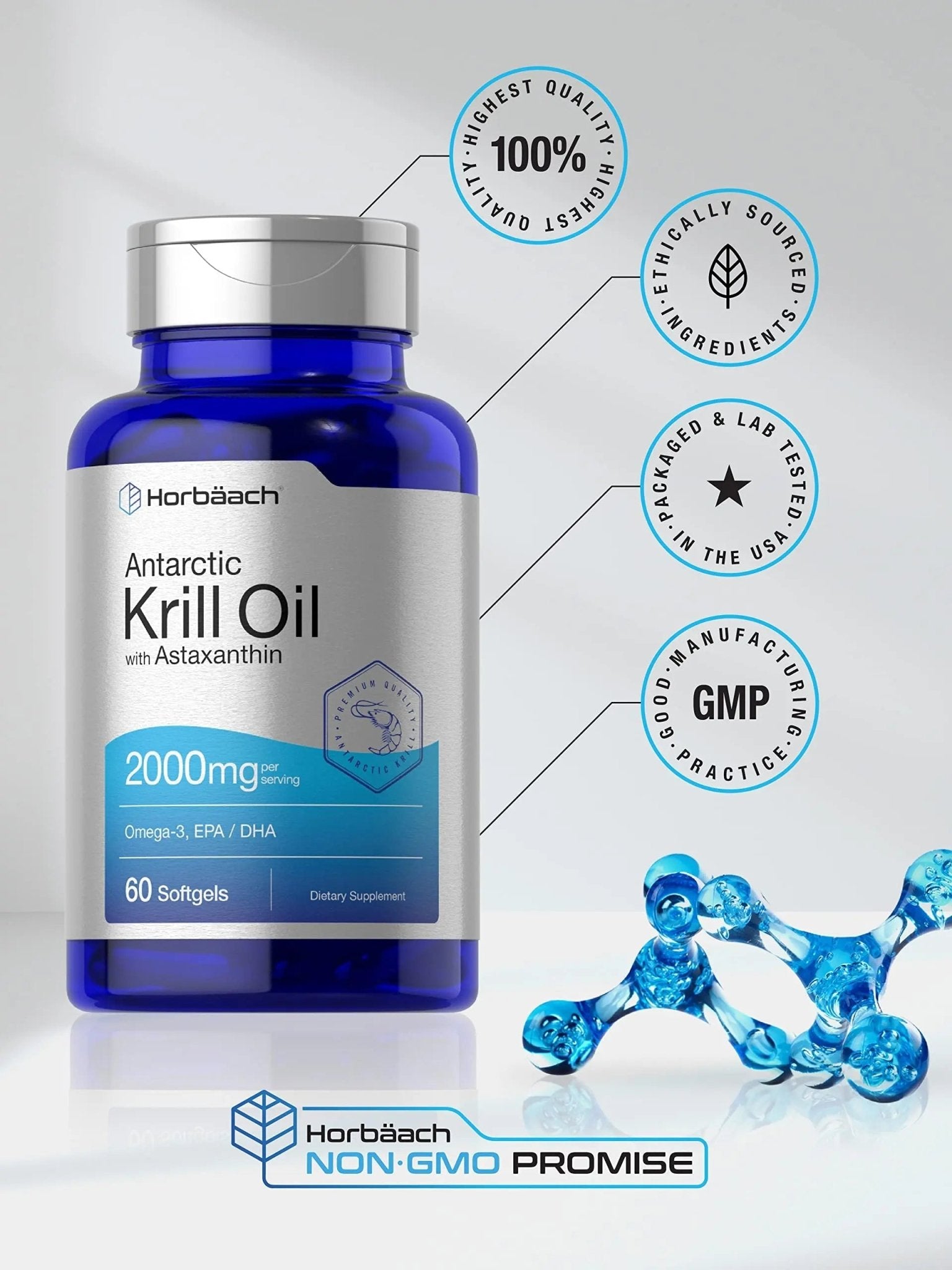 Horbäach Antarctic Krill Oil 2000mg | 60 Softgel Capsules | Omega-3, EPA, DHA Supplemen - TrustMedUSA