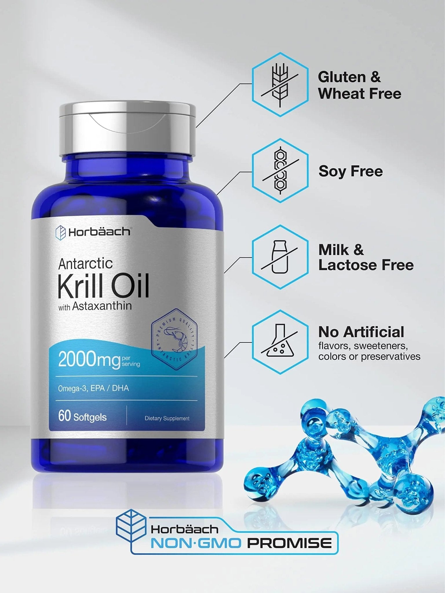 Horbäach Antarctic Krill Oil 2000mg | 60 Softgel Capsules | Omega-3, EPA, DHA Supplemen - TrustMedUSA