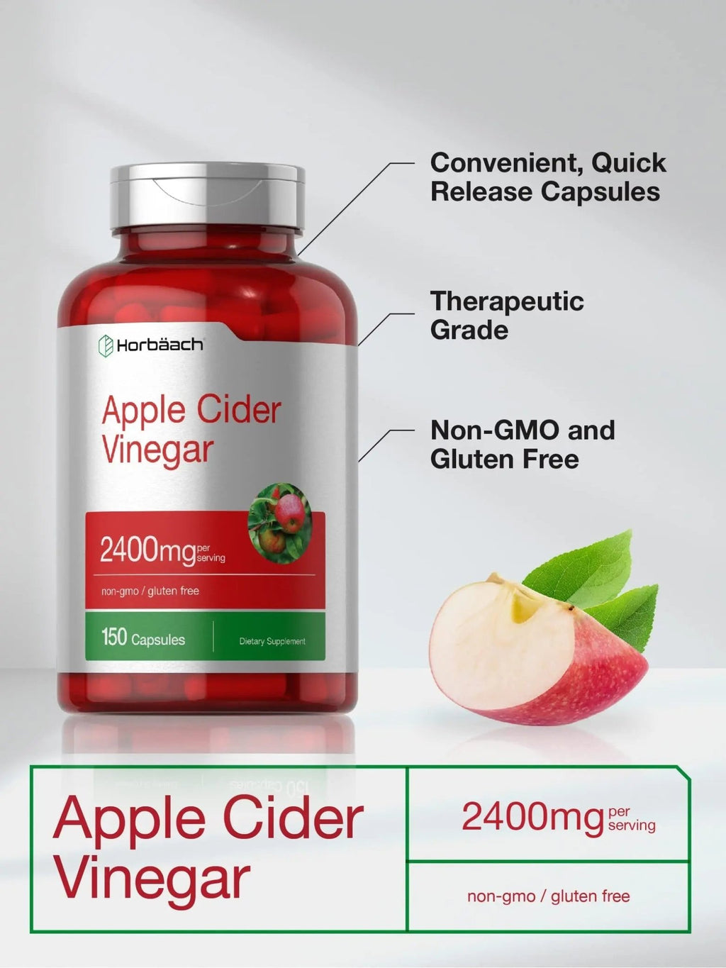 Horbäach Apple Cider Vinegar Capsules | 2400mg | 150 Count | Non-GMO, Gluten Free Supplement - TrustMedUSA