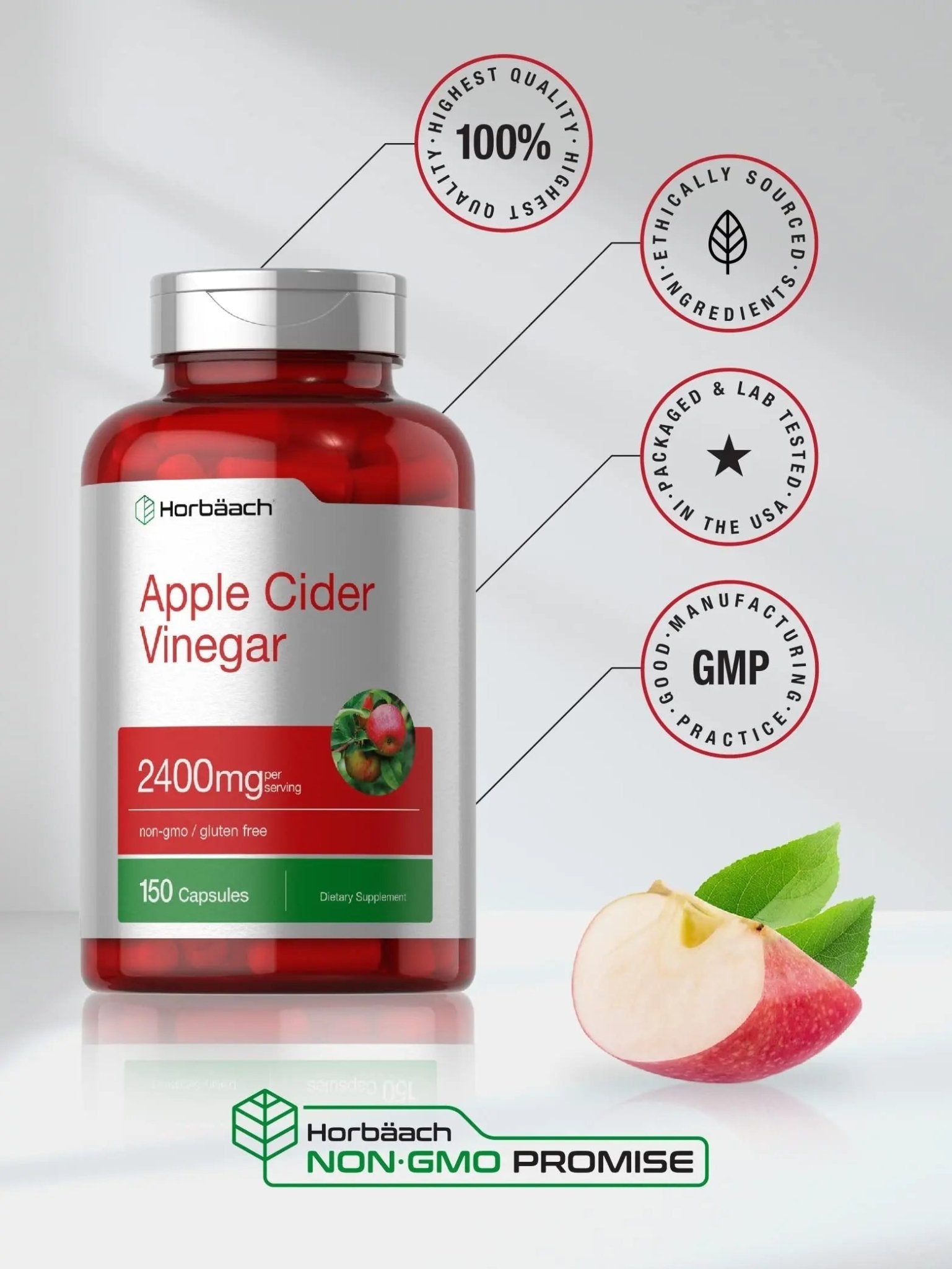 Horbäach Apple Cider Vinegar Capsules | 2400mg | 150 Count | Non-GMO, Gluten Free Supplement - TrustMedUSA