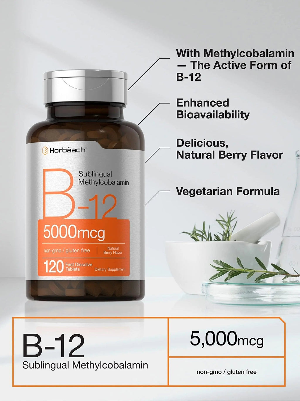 Horbäach B12 Sublingual Methylcobalamin | 5000mcg | 120 Fast Dissolve Tablets - TrustMedUSA
