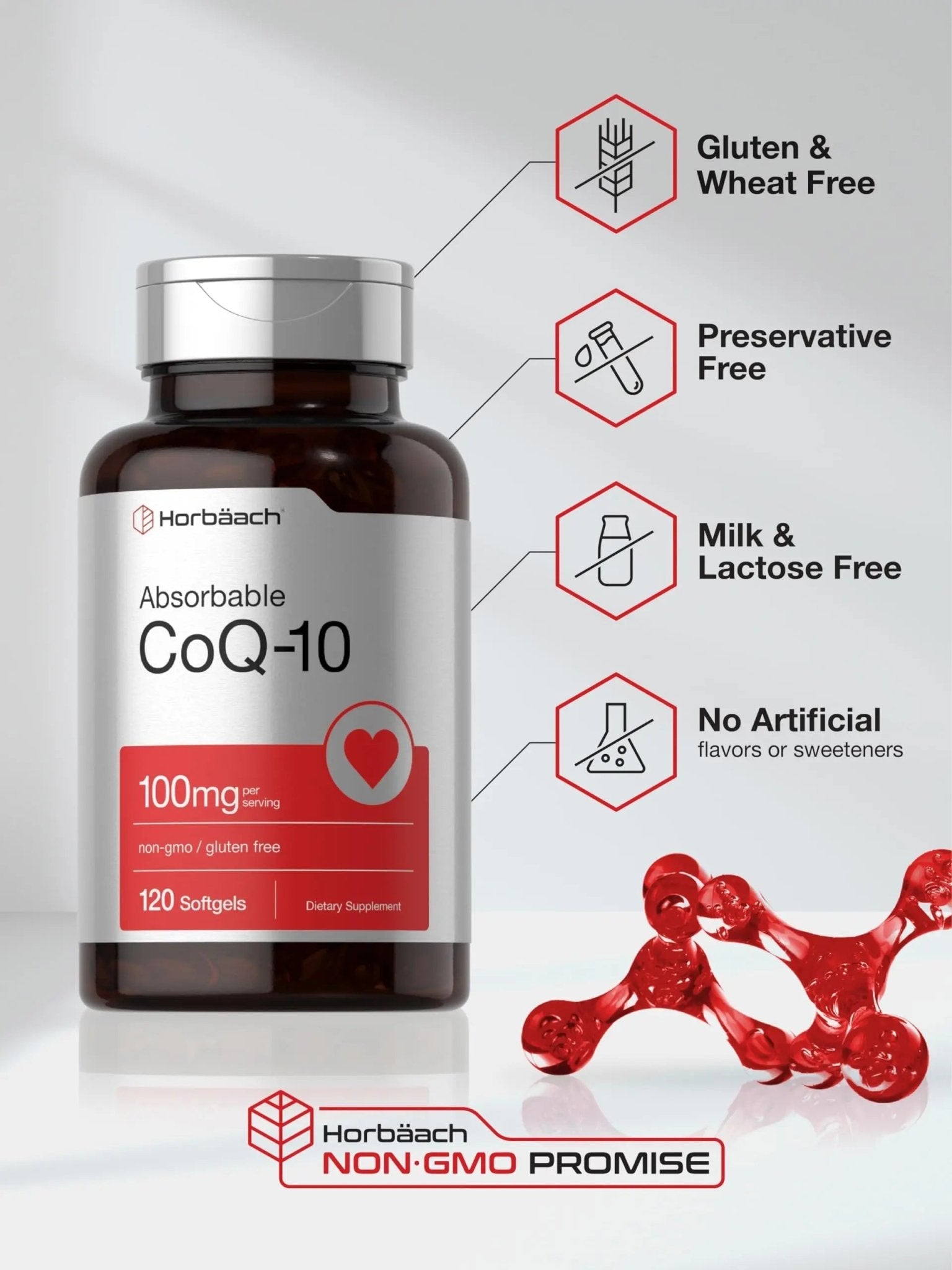 Horbäach CoQ10 100mg Softgels | 120 Count | Non-GMO and Gluten Free Supplement - TrustMedUSA
