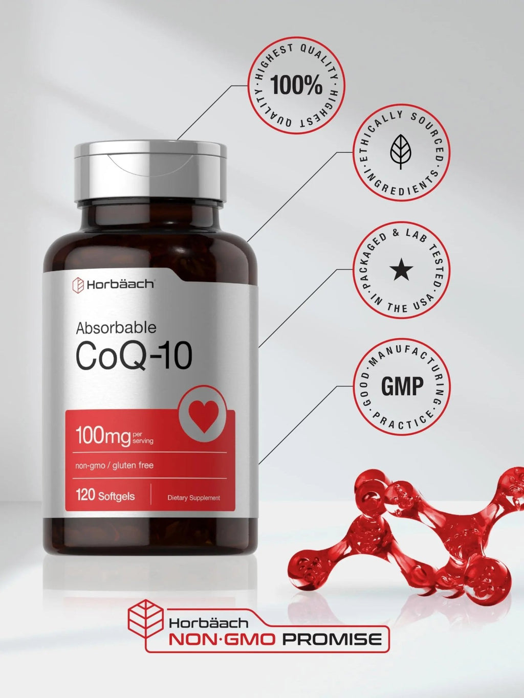 Horbäach CoQ10 100mg Softgels | 120 Count | Non-GMO and Gluten Free Supplement - TrustMedUSA