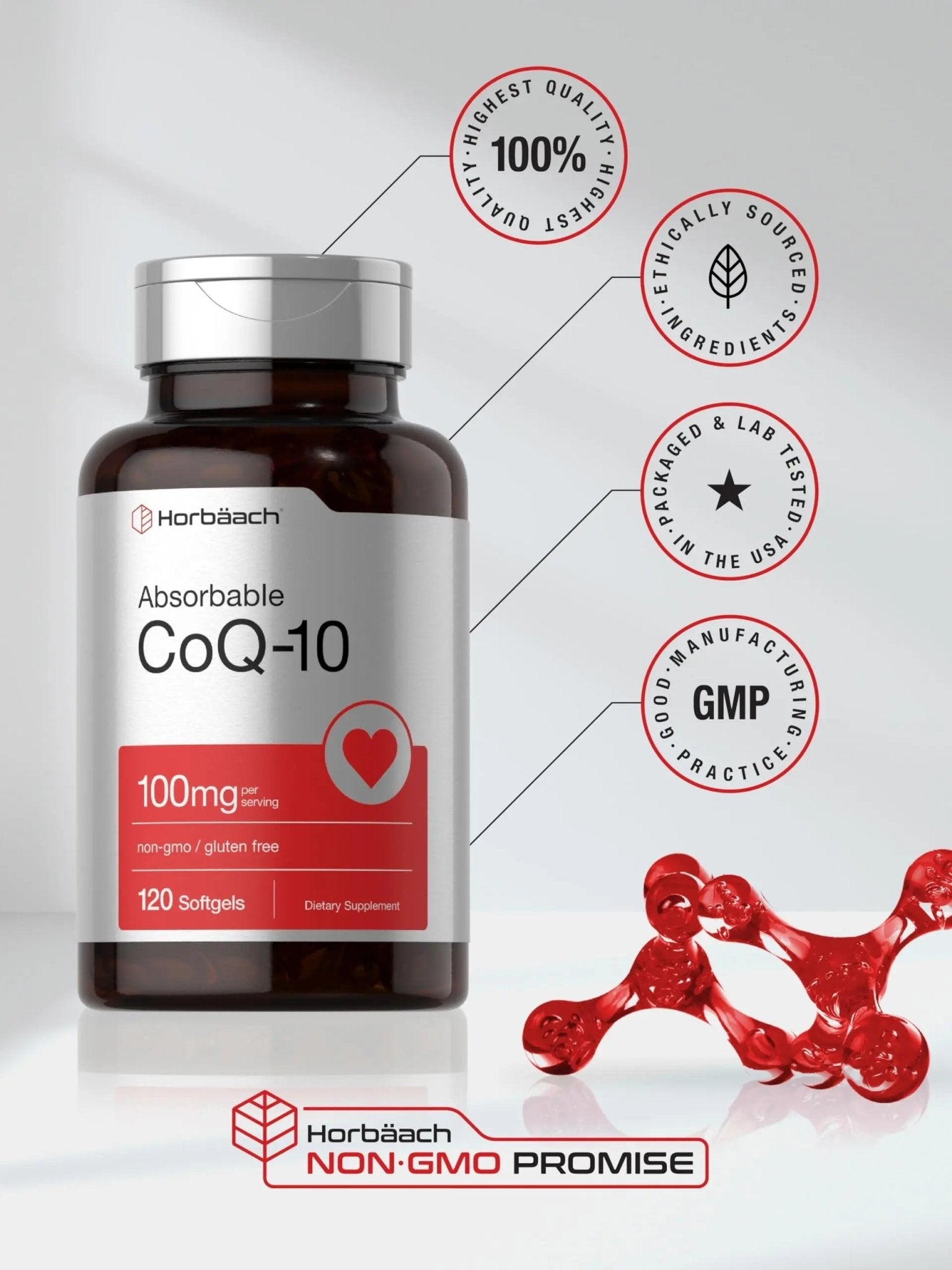Horbäach CoQ10 100mg Softgels | 120 Count | Non-GMO and Gluten Free Supplement - TrustMedUSA