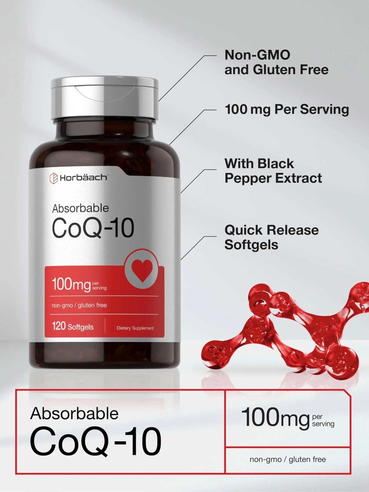 Horbäach CoQ10 100mg Softgels | 120 Count | Non-GMO and Gluten Free Supplement - TrustMedUSA