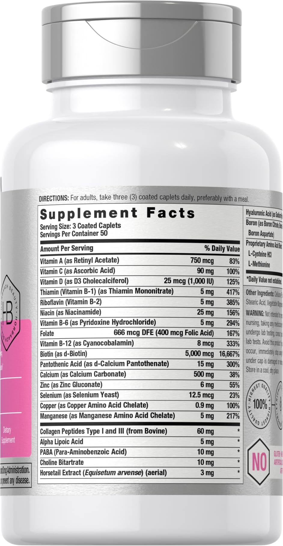 Horbäach Hair Skin and Nails Vitamins | 150 Caplets | with Biotin and Collagen | Supplement for Women and Men | Non-GMO, Gluten Free - Maple Wellness Supplements