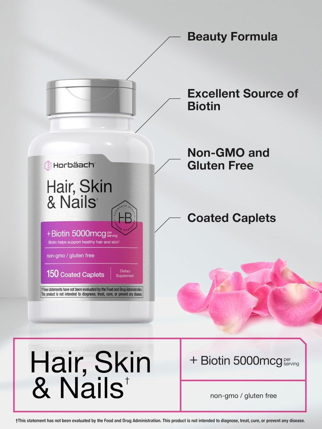 Horbäach Hair Skin and Nails Vitamins | 150 Caplets | with Biotin and Collagen | Supplement for Women and Men | Non-GMO, Gluten Free - Maple Wellness Supplements