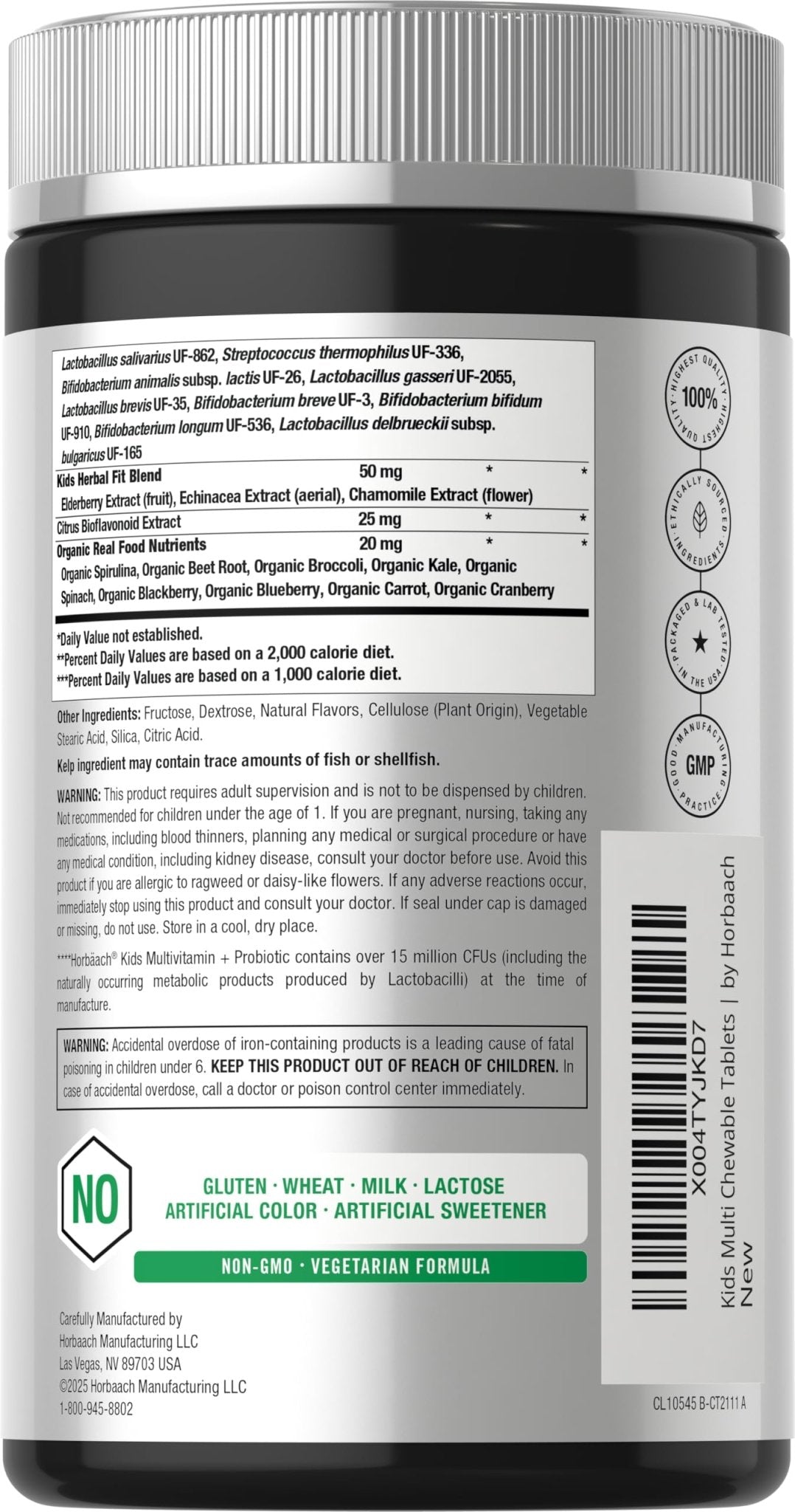 Horbäach Kids Multivitamin with Probiotics | 100 Chewable Tablets | Fruit Punch Flavor | Vegetarian, Non-GMO, Gluten Free Children's Supplement - TrustMedUSA