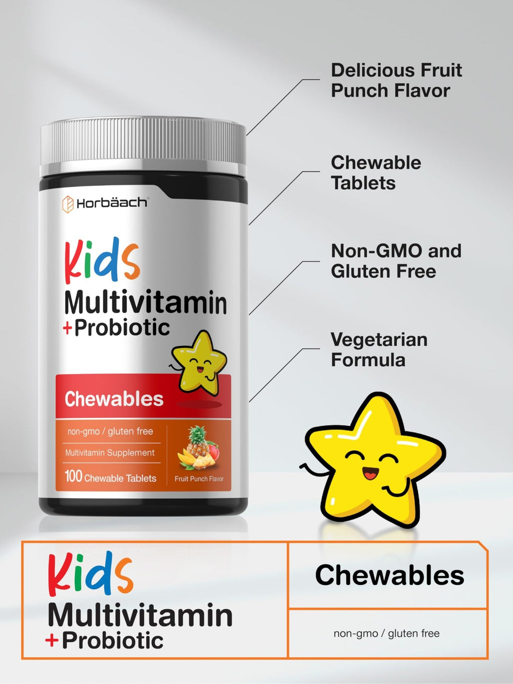 Horbäach Kids Multivitamin with Probiotics | 100 Chewable Tablets | Fruit Punch Flavor | Vegetarian, Non-GMO, Gluten Free Children's Supplement - TrustMedUSA