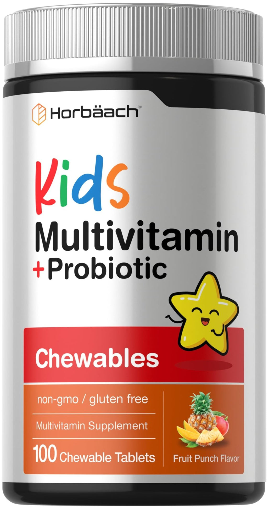 Horbäach Kids Multivitamin with Probiotics | 100 Chewable Tablets | Fruit Punch Flavor | Vegetarian, Non-GMO, Gluten Free Children's Supplement - TrustMedUSA