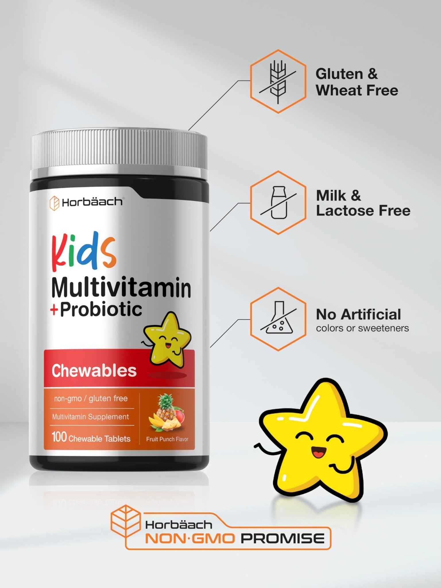 Horbäach Kids Multivitamin with Probiotics | 100 Chewable Tablets | Fruit Punch Flavor | Vegetarian, Non-GMO, Gluten Free Children's Supplement - TrustMedUSA