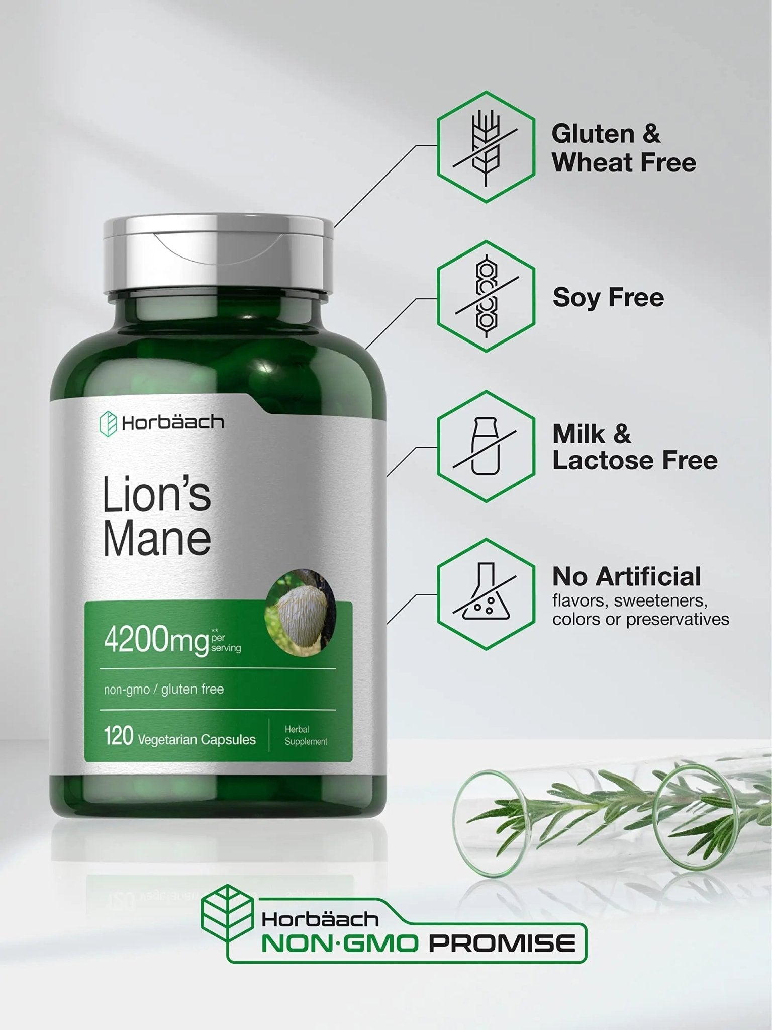 Horbäach Lions Mane Mushroom Extract | 4200mg | 120 Capsules | Vegetarian - TrustMedUSA