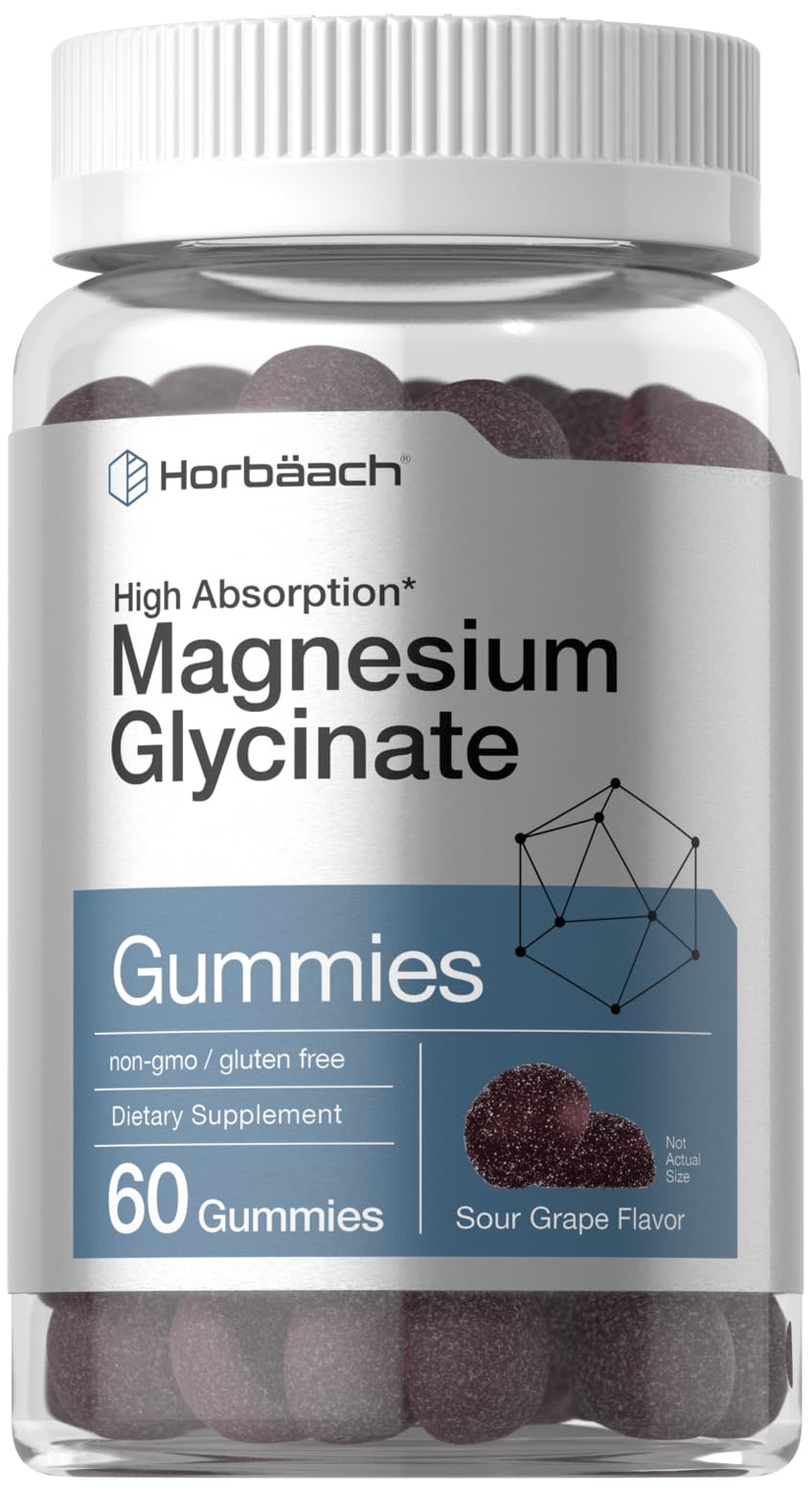Horbäach Magnesium Glycinate Gummies | 60 Count | Sour Grape Flavor | High Absorption | Vegan, Non-GMO, Gluten Free - TrustMedUSA
