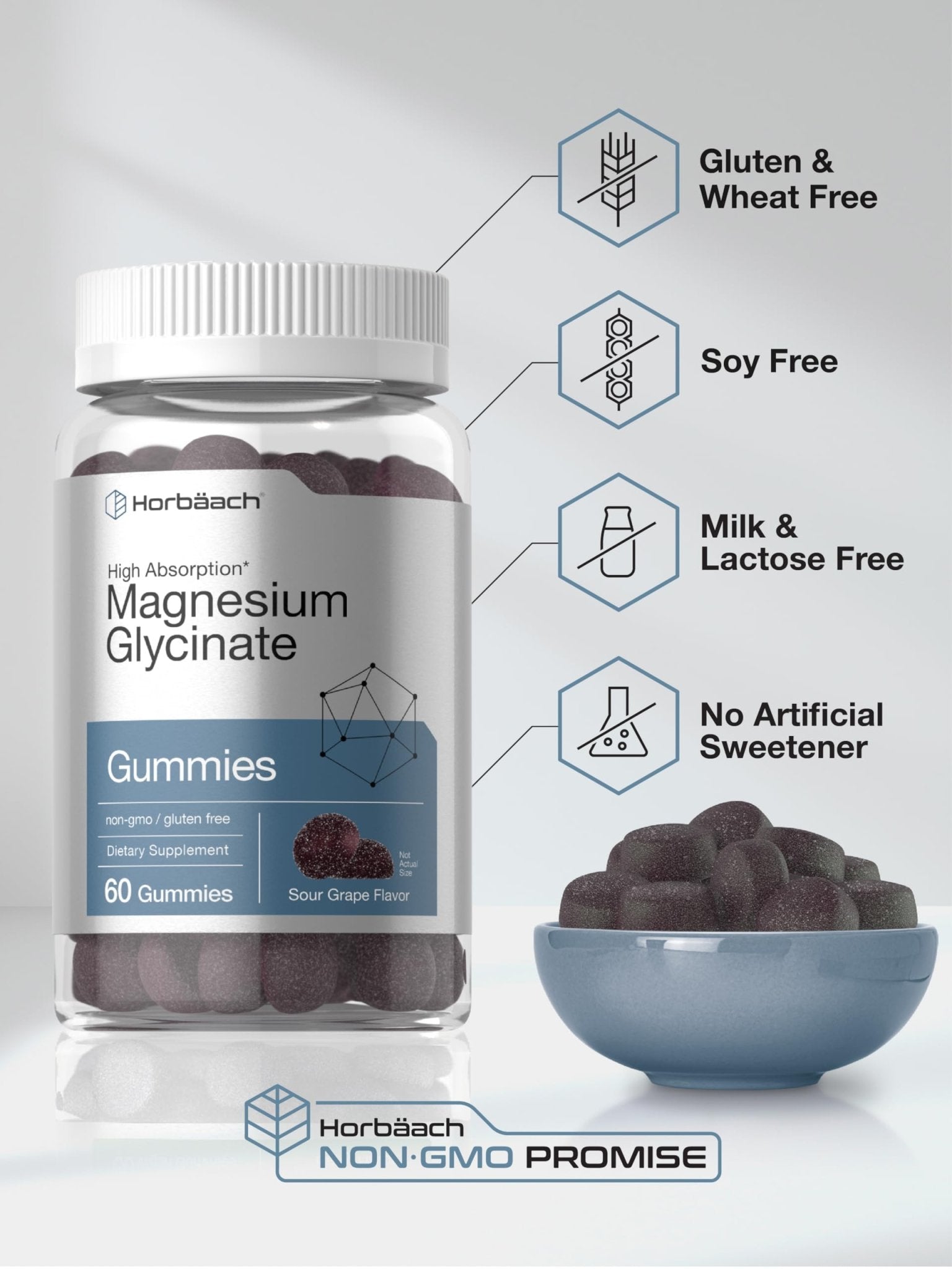 Horbäach Magnesium Glycinate Gummies | 60 Count | Sour Grape Flavor | High Absorption | Vegan, Non-GMO, Gluten Free - TrustMedUSA