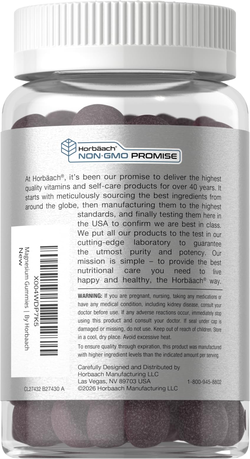 Horbäach Magnesium Glycinate Gummies | 60 Count | Sour Grape Flavor | High Absorption | Vegan, Non-GMO, Gluten Free - TrustMedUSA