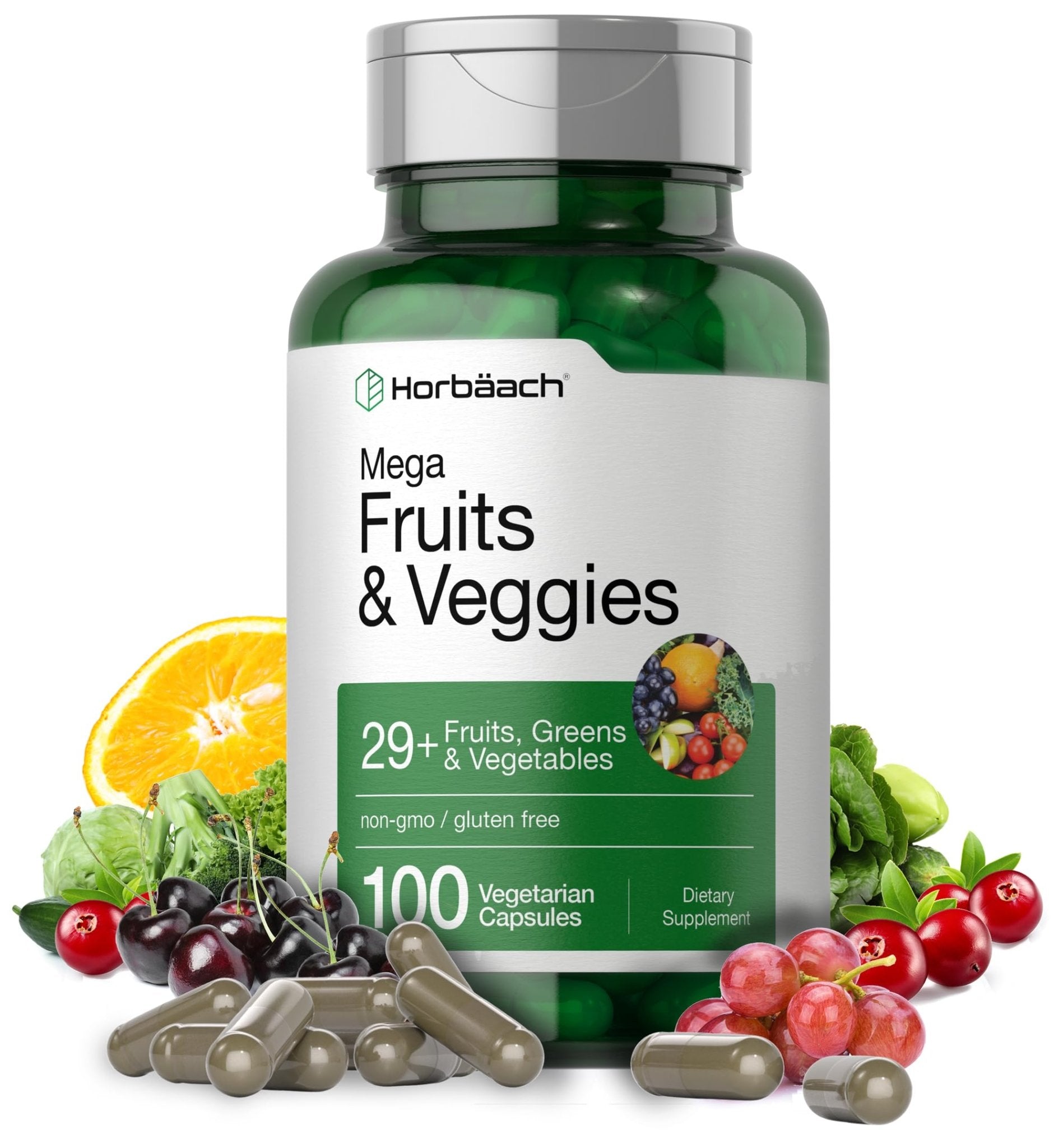 Horbäach Mega Fruits and Veggies Supplement | 100 Capsules | Vegetarian, Non-GMO and Gluten Free - TrustMedUSA