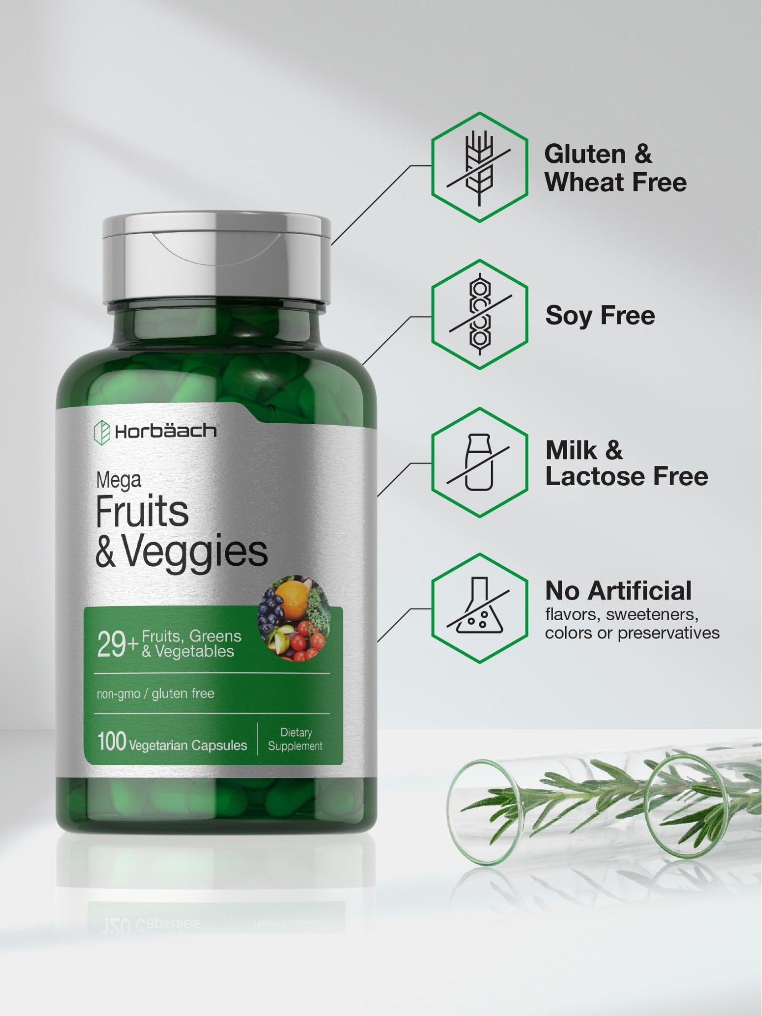 Horbäach Mega Fruits and Veggies Supplement | 100 Capsules | Vegetarian, Non-GMO and Gluten Free - TrustMedUSA