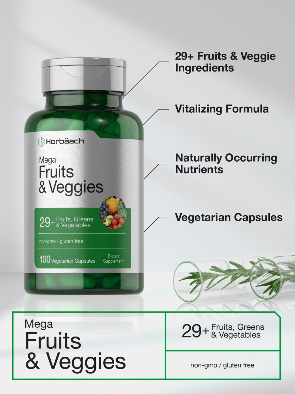 Horbäach Mega Fruits and Veggies Supplement | 100 Capsules | Vegetarian, Non-GMO and Gluten Free - TrustMedUSA