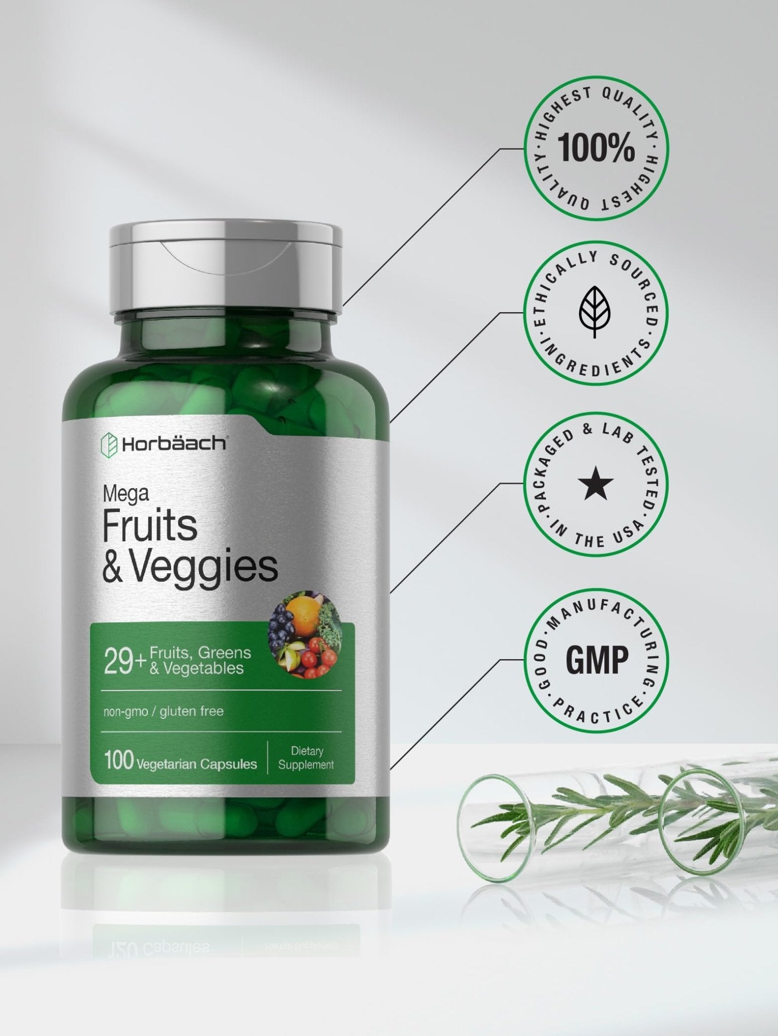 Horbäach Mega Fruits and Veggies Supplement | 100 Capsules | Vegetarian, Non-GMO and Gluten Free - TrustMedUSA