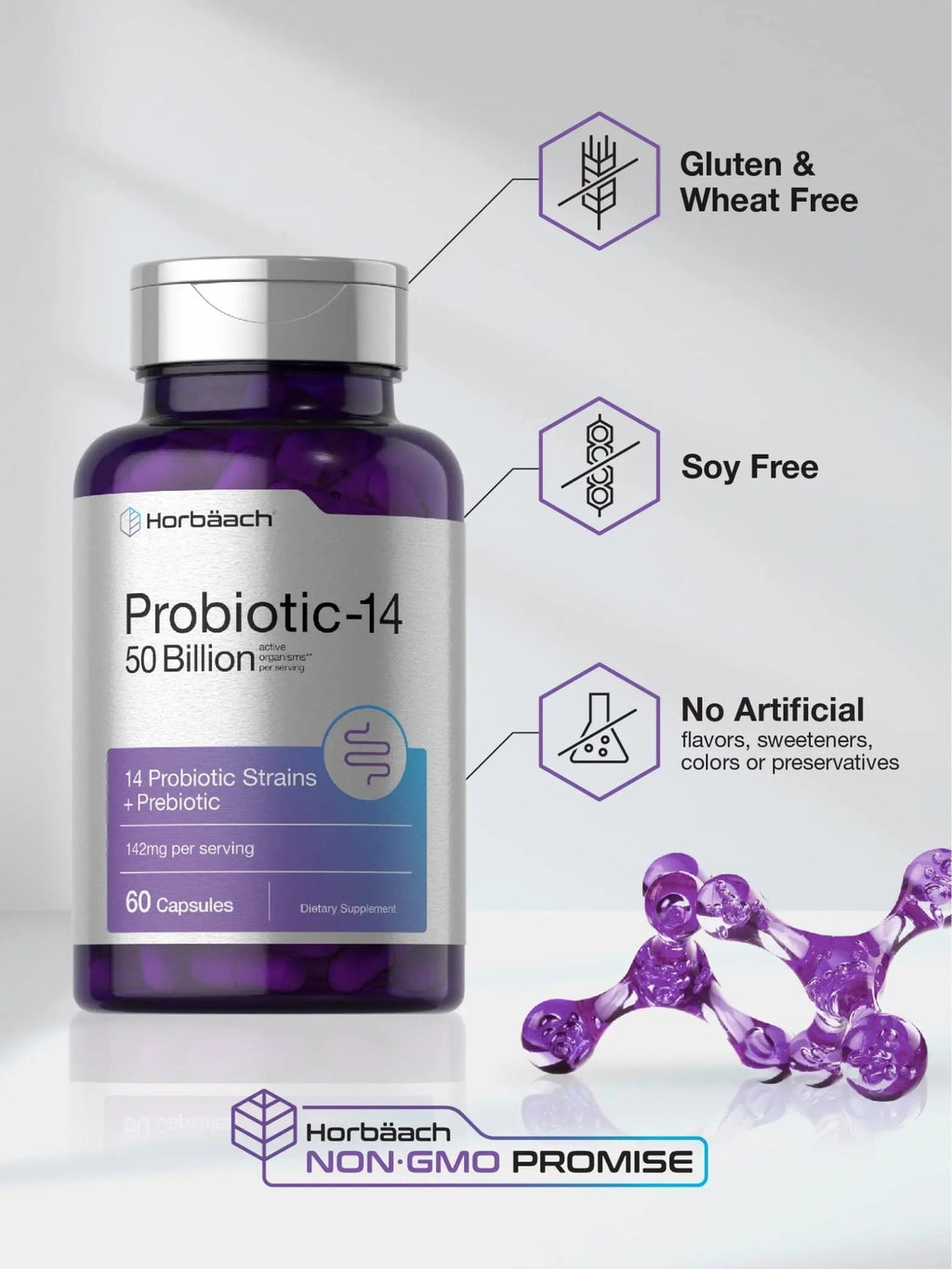 Horbäach Probiotics with Prebiotics | 60 Capsules | 50 Billion Active Organisms | Non-GMO - TrustMedUSA