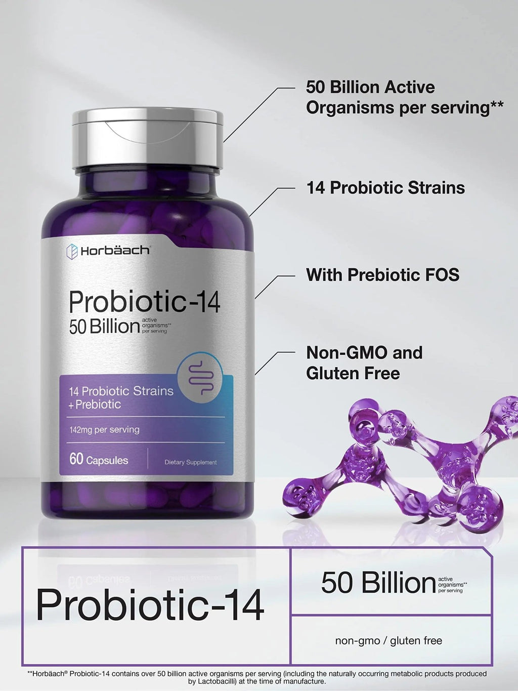 Horbäach Probiotics with Prebiotics | 60 Capsules | 50 Billion Active Organisms | Non-GMO - TrustMedUSA