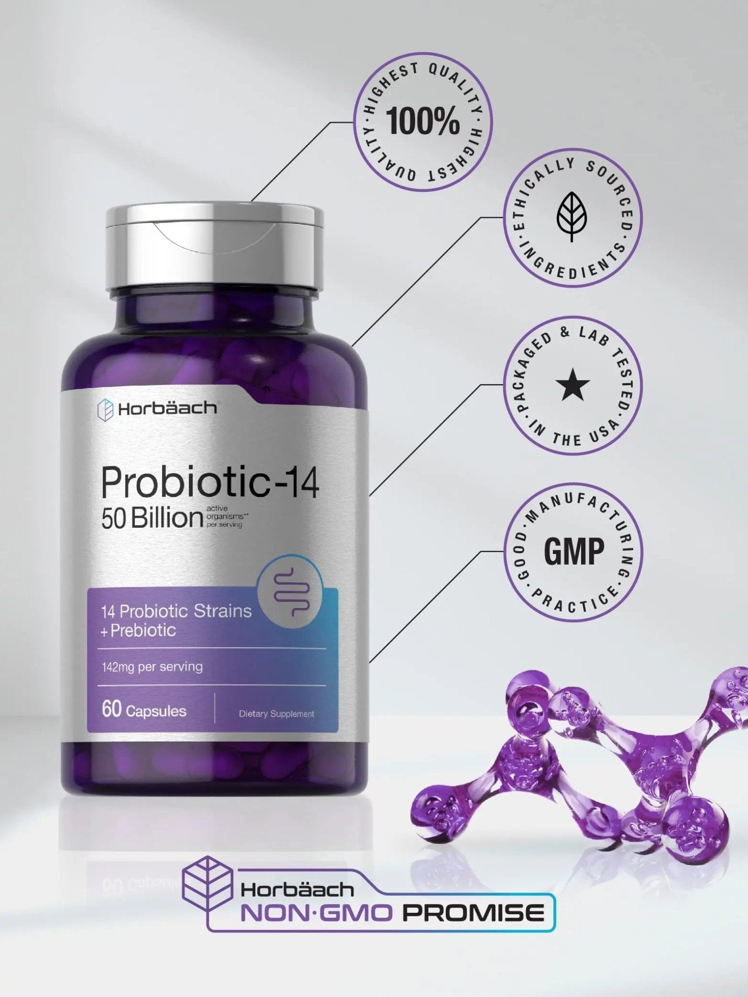 Horbäach Probiotics with Prebiotics | 60 Capsules | 50 Billion Active Organisms | Non-GMO - TrustMedUSA