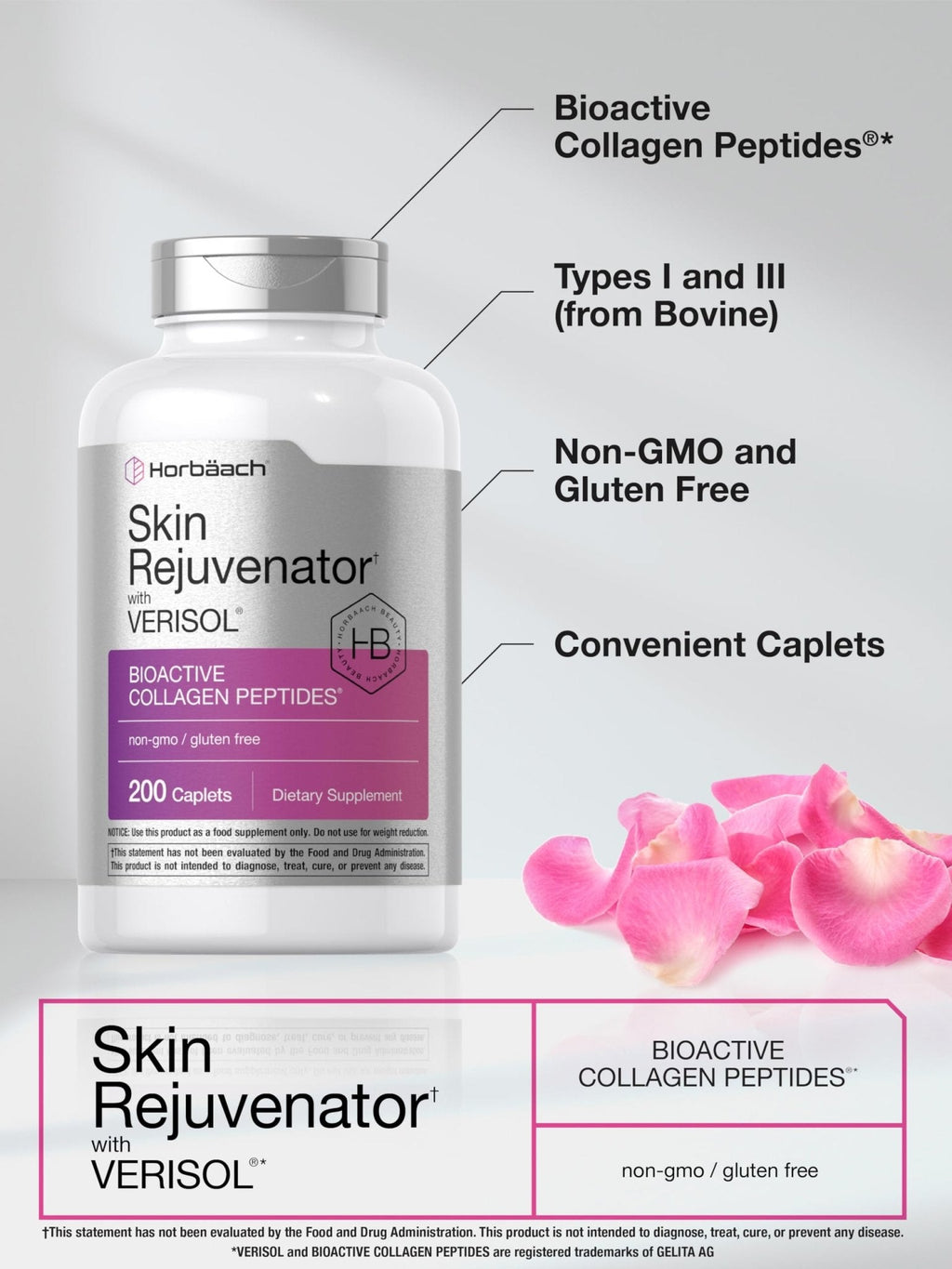 Horbäach Skin Rejuvenator with Verisol | Bioactive Collagen Peptides | 200 Caplets | Non-GMO, Gluten Free Supplement - Maple Wellness Supplements