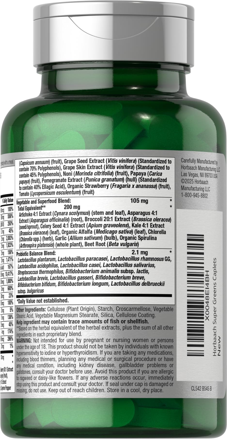 Horbäach Super Greens Supplement with Probiotics | 150 Caplets | Non-GMO, and Gluten Free - TrustMedUSA