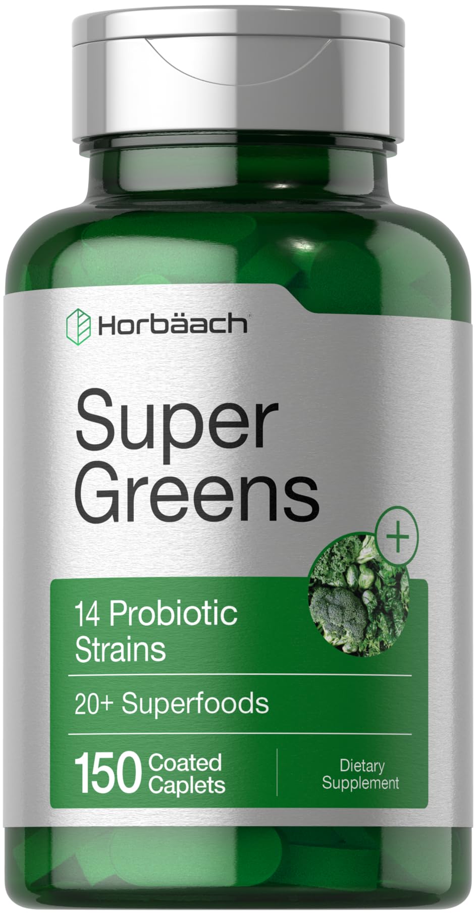 Horbäach Super Greens Supplement with Probiotics | 150 Caplets | Non-GMO, and Gluten Free - TrustMedUSA