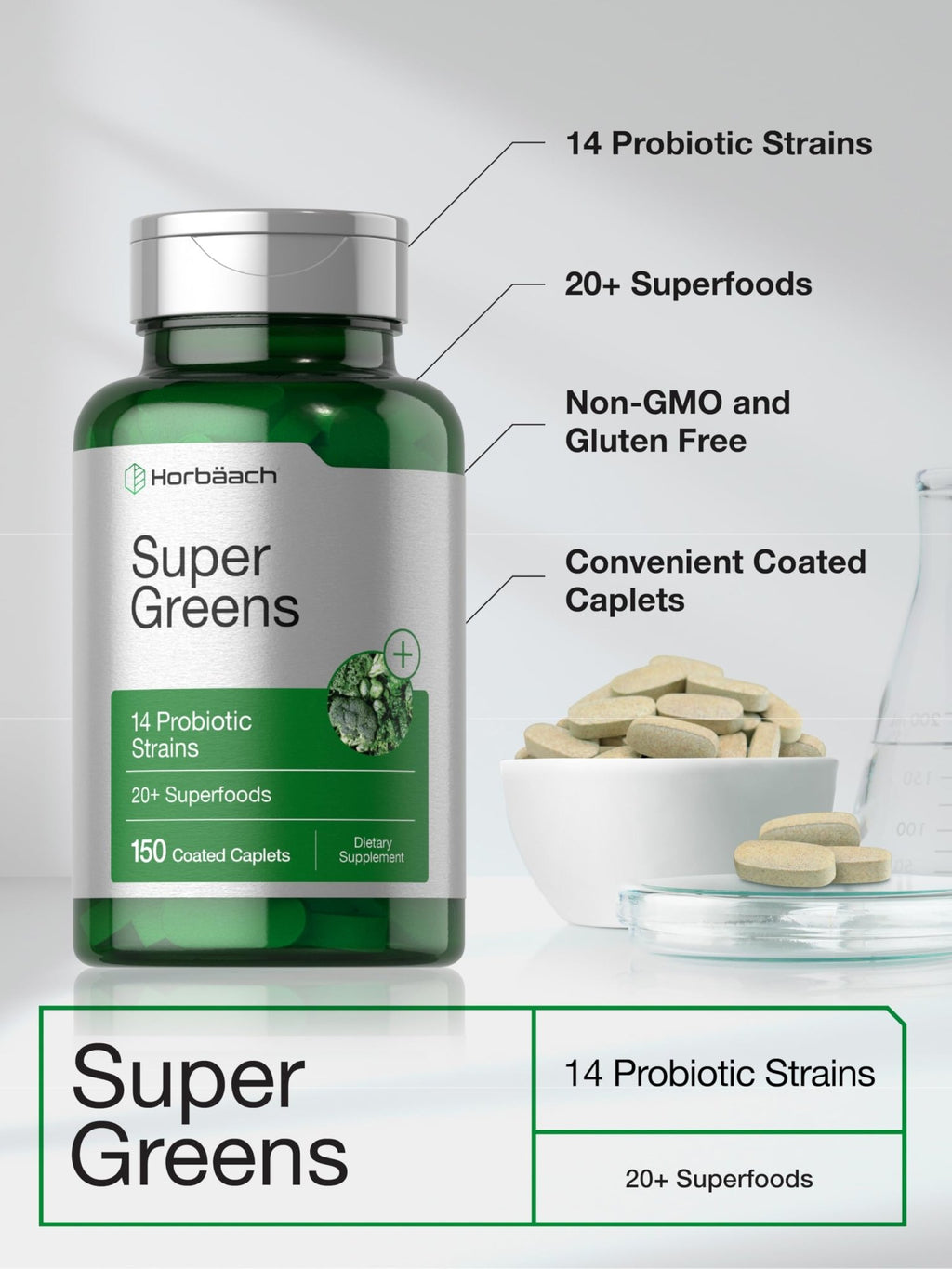 Horbäach Super Greens Supplement with Probiotics | 150 Caplets | Non-GMO, and Gluten Free - TrustMedUSA