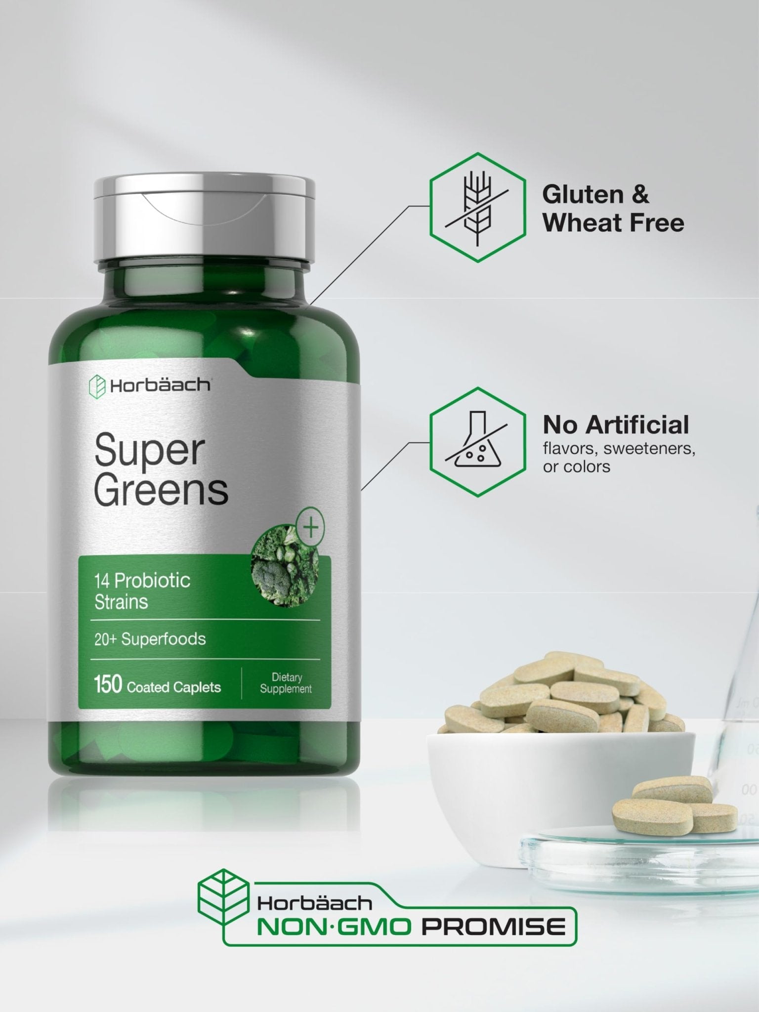 Horbäach Super Greens Supplement with Probiotics | 150 Caplets | Non-GMO, and Gluten Free - TrustMedUSA