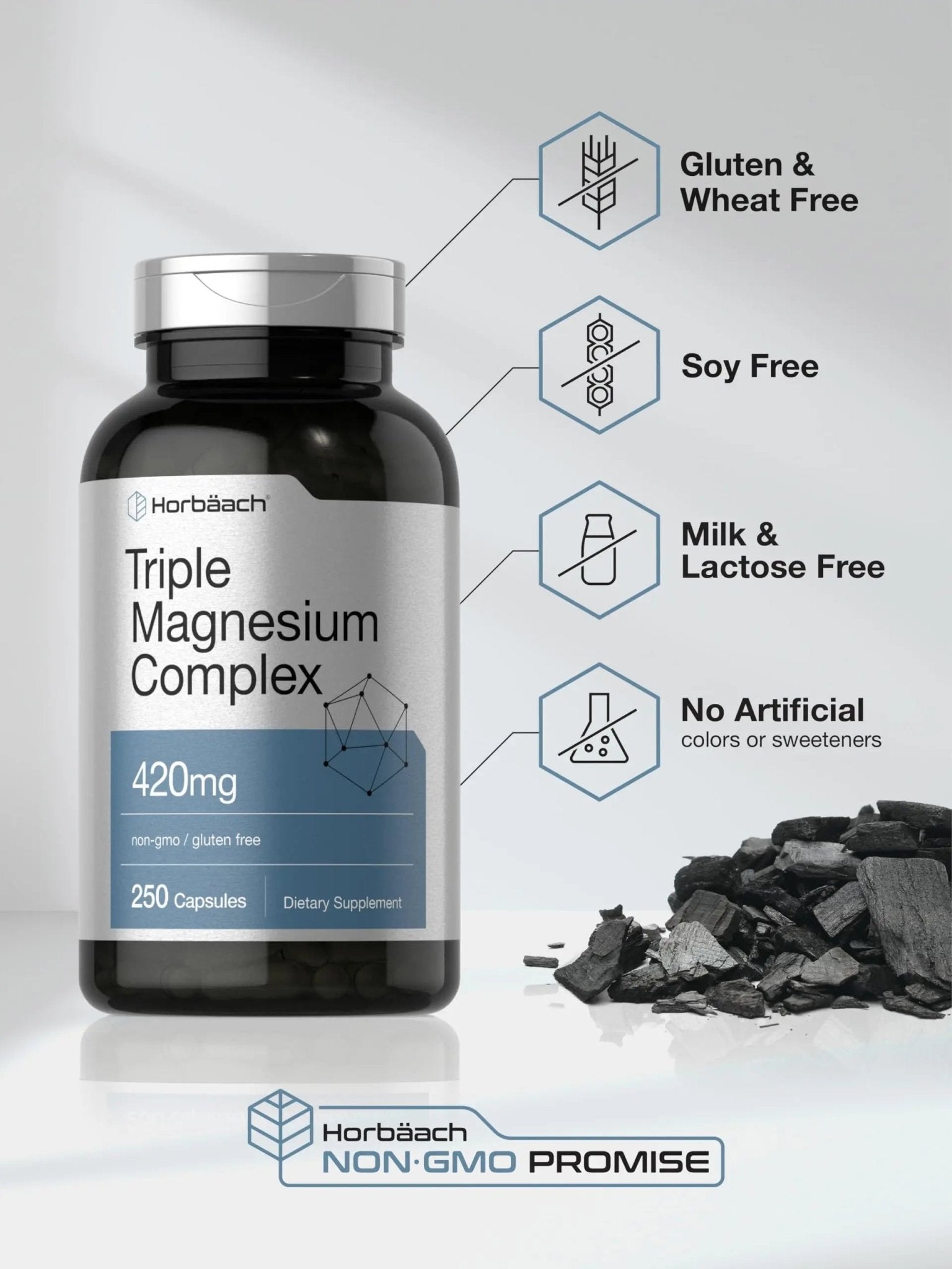 Horbäach Triple Magnesium Complex | 420 mg | 250 Capsules | Non-GMO and Gluten Free Formula | Magnesium Oxide, Citrate, and Aspartate Dietary Supplement - TrustMedUSA