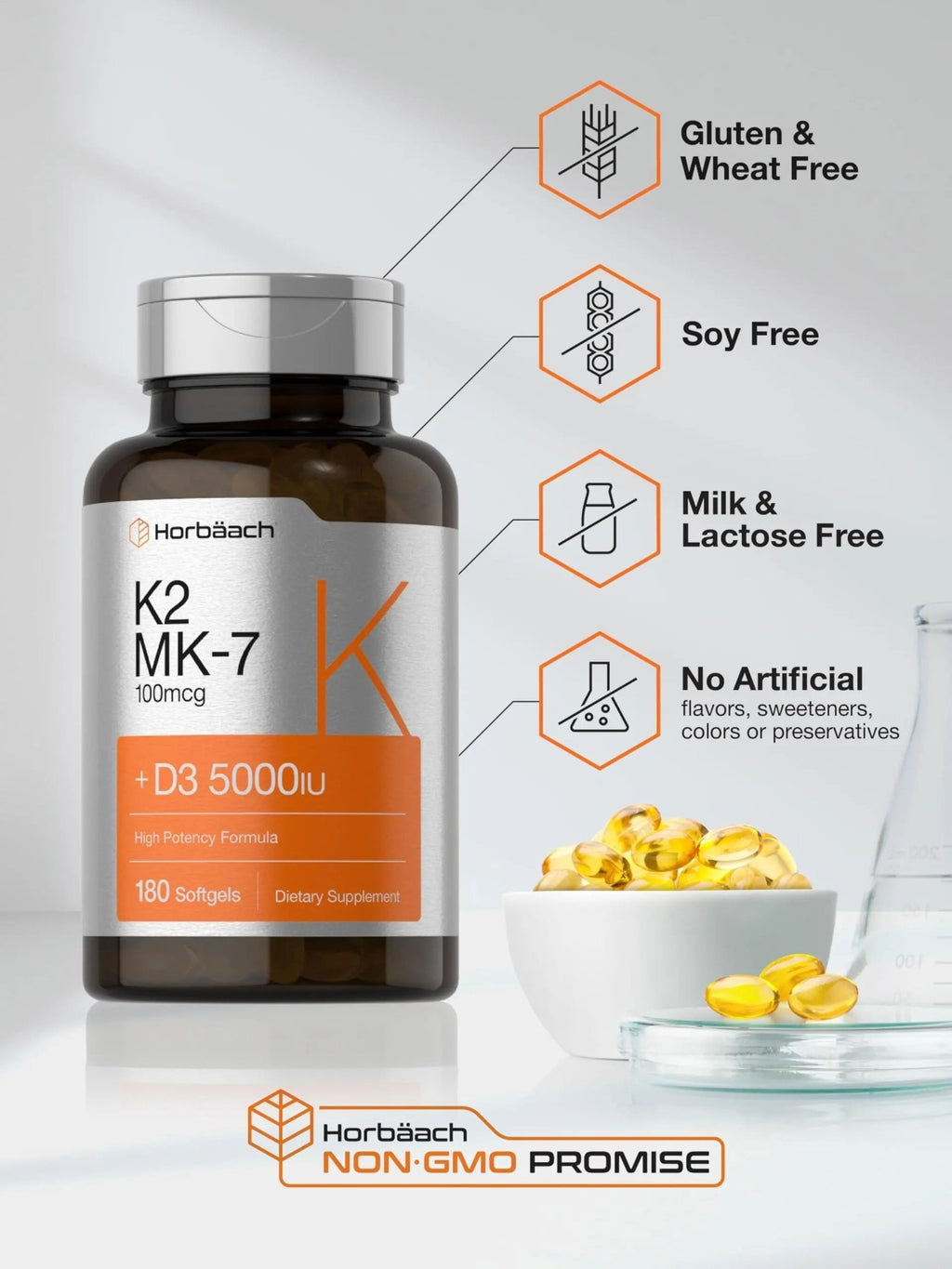 Horbäach Vitamin D3 K2 | 5000iu of Vitamin D & 100mcg MK-7 Complex | 180 Softgel Cap - TrustMedUSA