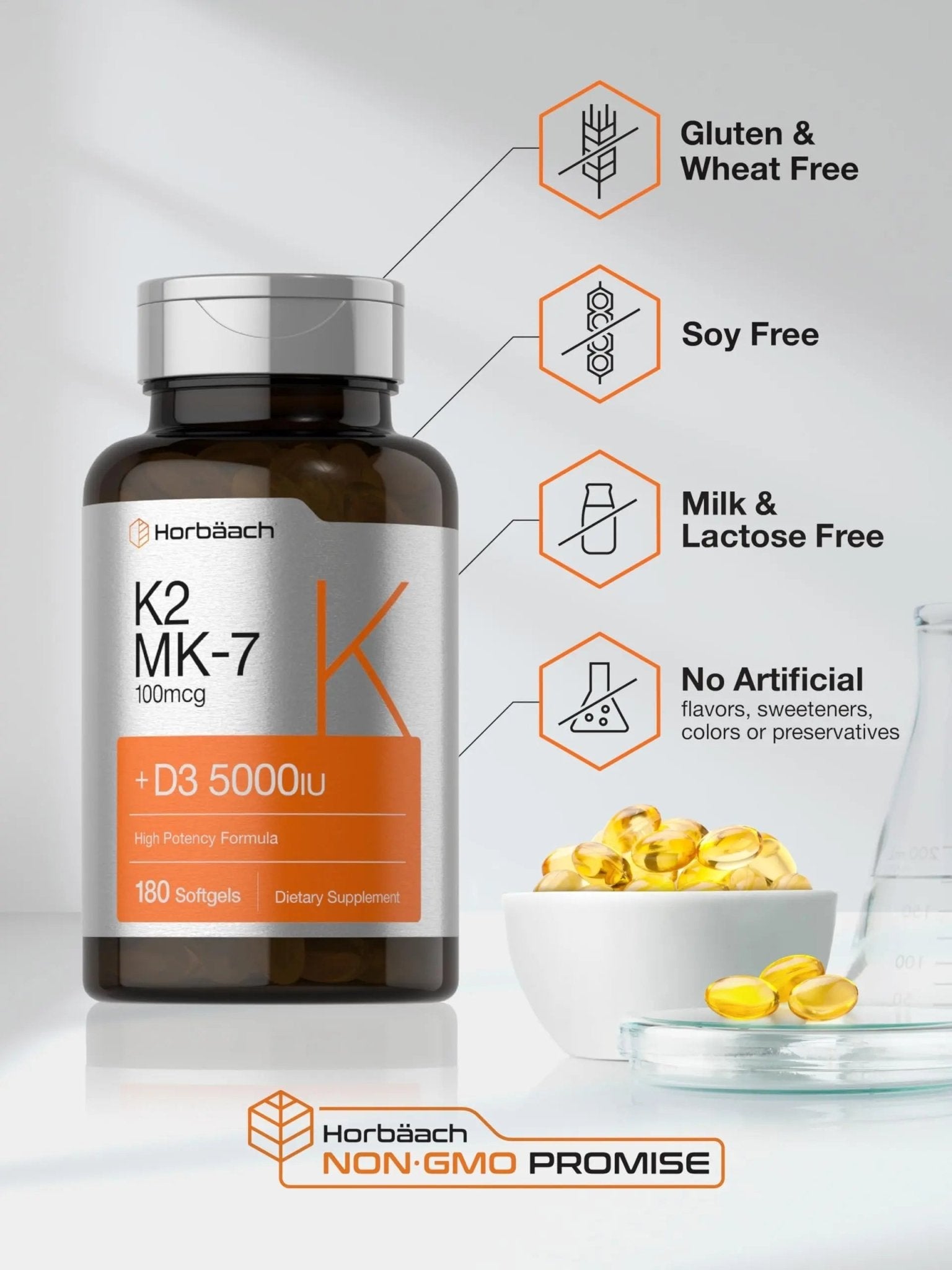 Horbäach Vitamin D3 K2 | 5000iu of Vitamin D & 100mcg MK-7 Complex | 180 Softgel Cap - TrustMedUSA