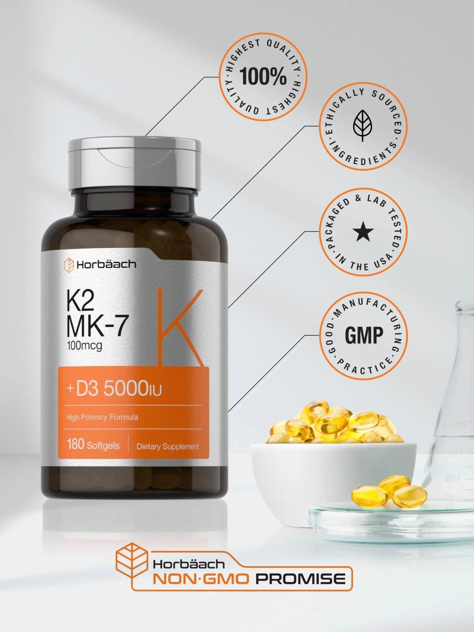 Horbäach Vitamin D3 K2 | 5000iu of Vitamin D & 100mcg MK-7 Complex | 180 Softgel Cap - TrustMedUSA