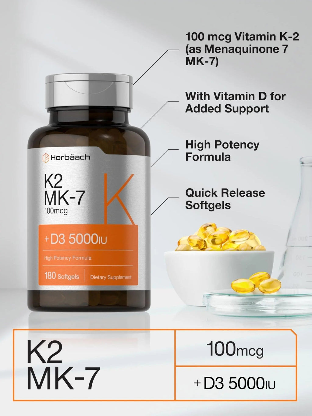 Horbäach Vitamin D3 K2 | 5000iu of Vitamin D & 100mcg MK-7 Complex | 180 Softgel Cap - TrustMedUSA
