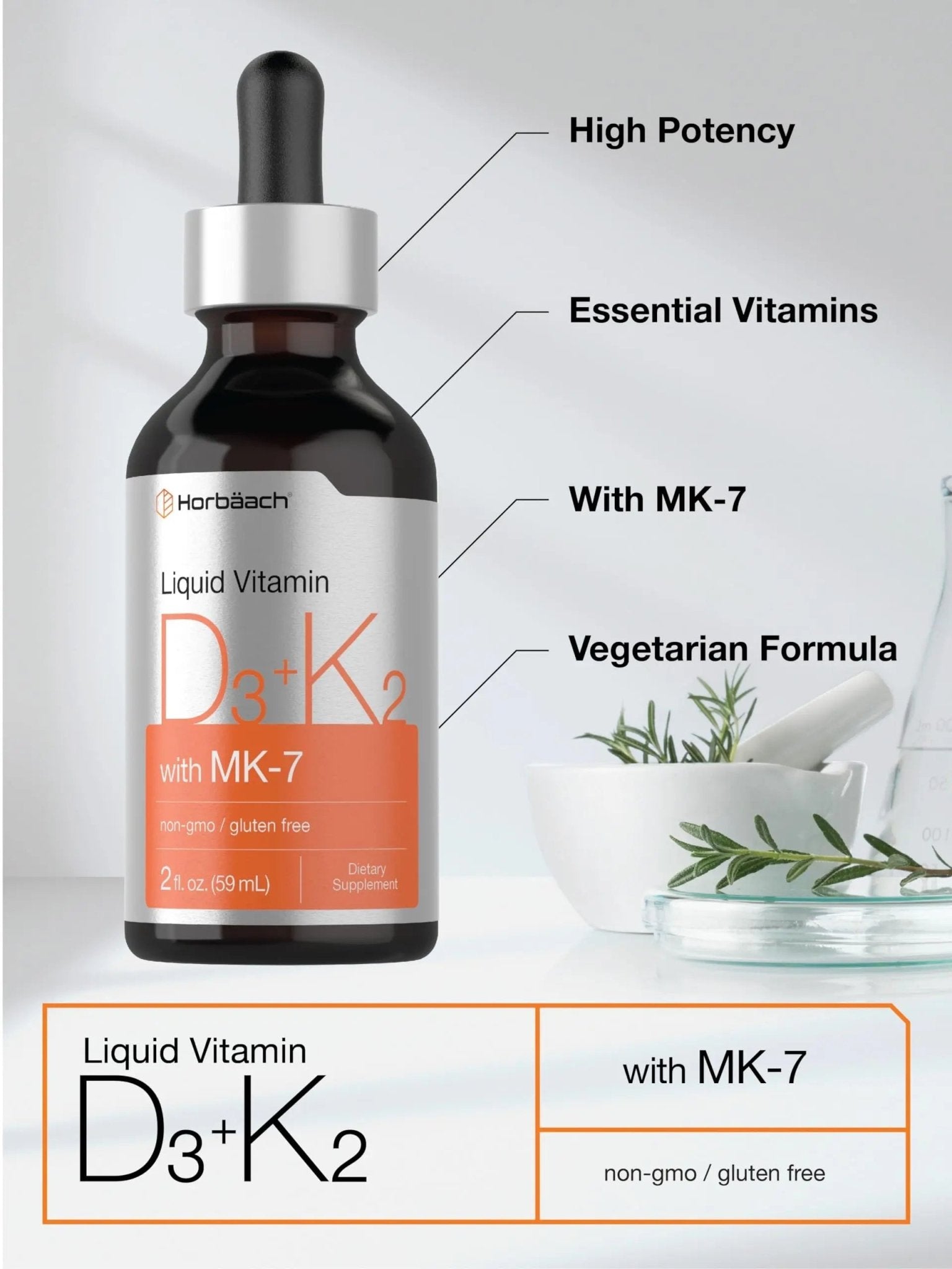 Horbäach Vitamin D3 + K2 Liquid Drops | with MK7 | 2 Fl Oz | Vegetarian | Non-GMO - TrustMedUSA