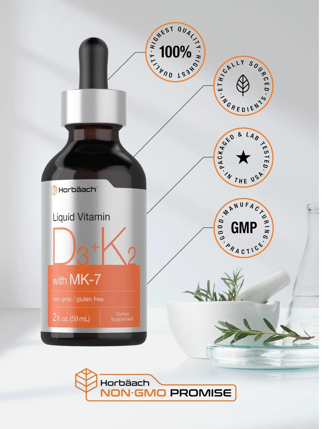 Horbäach Vitamin D3 + K2 Liquid Drops | with MK7 | 2 Fl Oz | Vegetarian | Non-GMO - TrustMedUSA