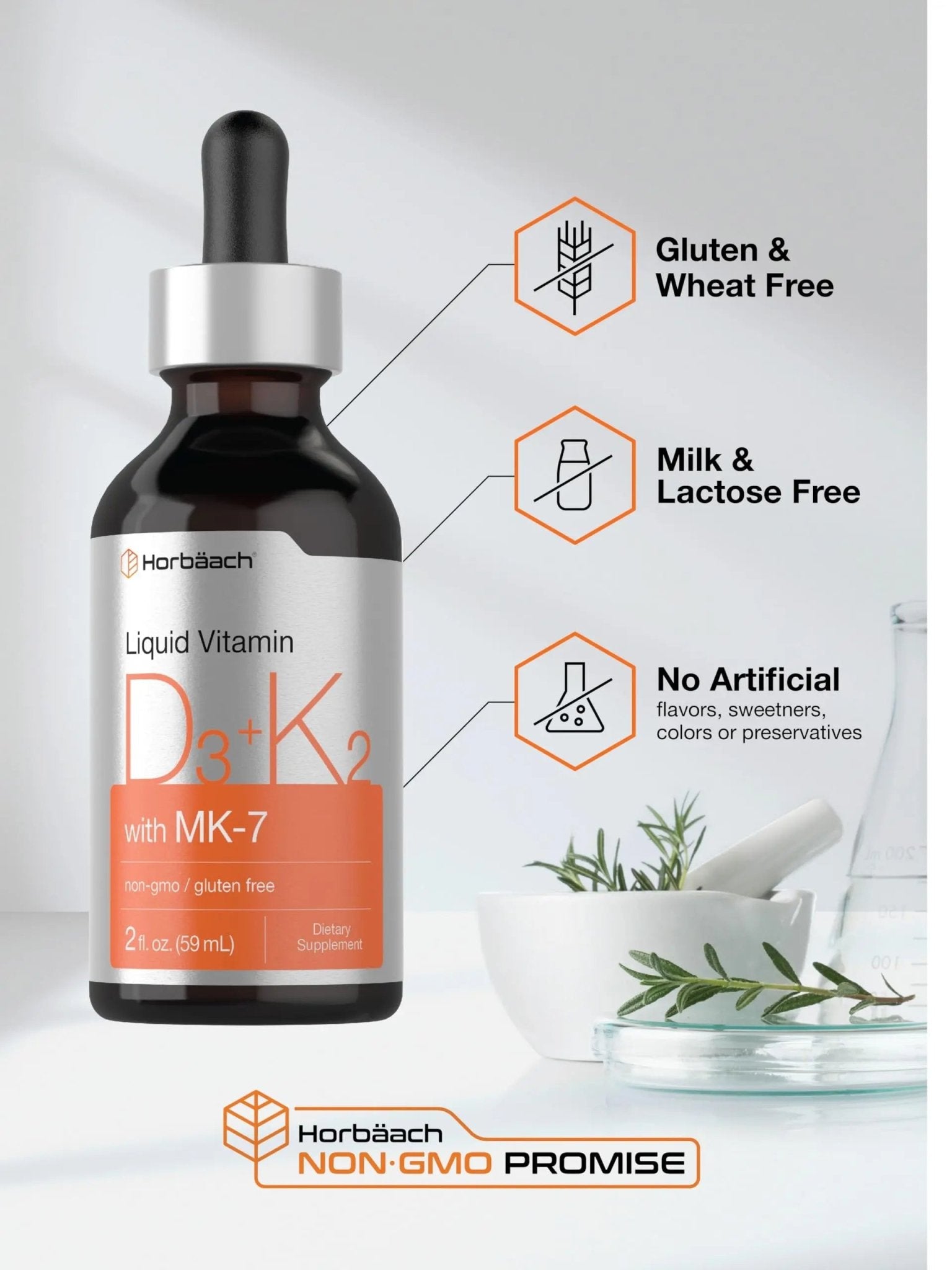 Horbäach Vitamin D3 + K2 Liquid Drops | with MK7 | 2 Fl Oz | Vegetarian | Non-GMO - TrustMedUSA