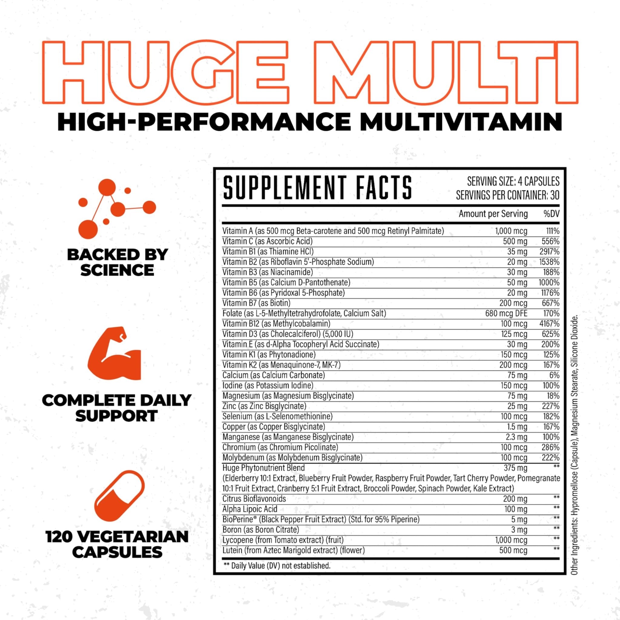 Huge Multi, Multivitamin for Men, High-Performance All-in-One Formula for Athletes & Bodybuilding, Vitamin & Mineral Replenishment, Supports Immune System & Healthy Hormone Levels (120 Capsules) - TrustMedUSA