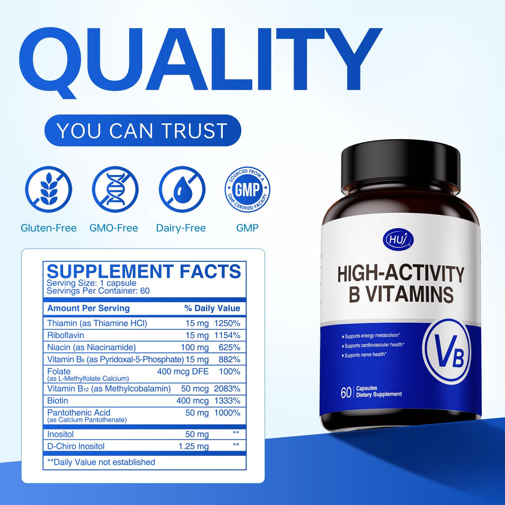 HUJ High-Activity B Vitamins - Supports Normal Energy Metabolism & Nerve System Health - Supplement with 8 B Vitamins, Inositol and D-Chiro Inositol - 60 Capsules. - TrustMedUSA