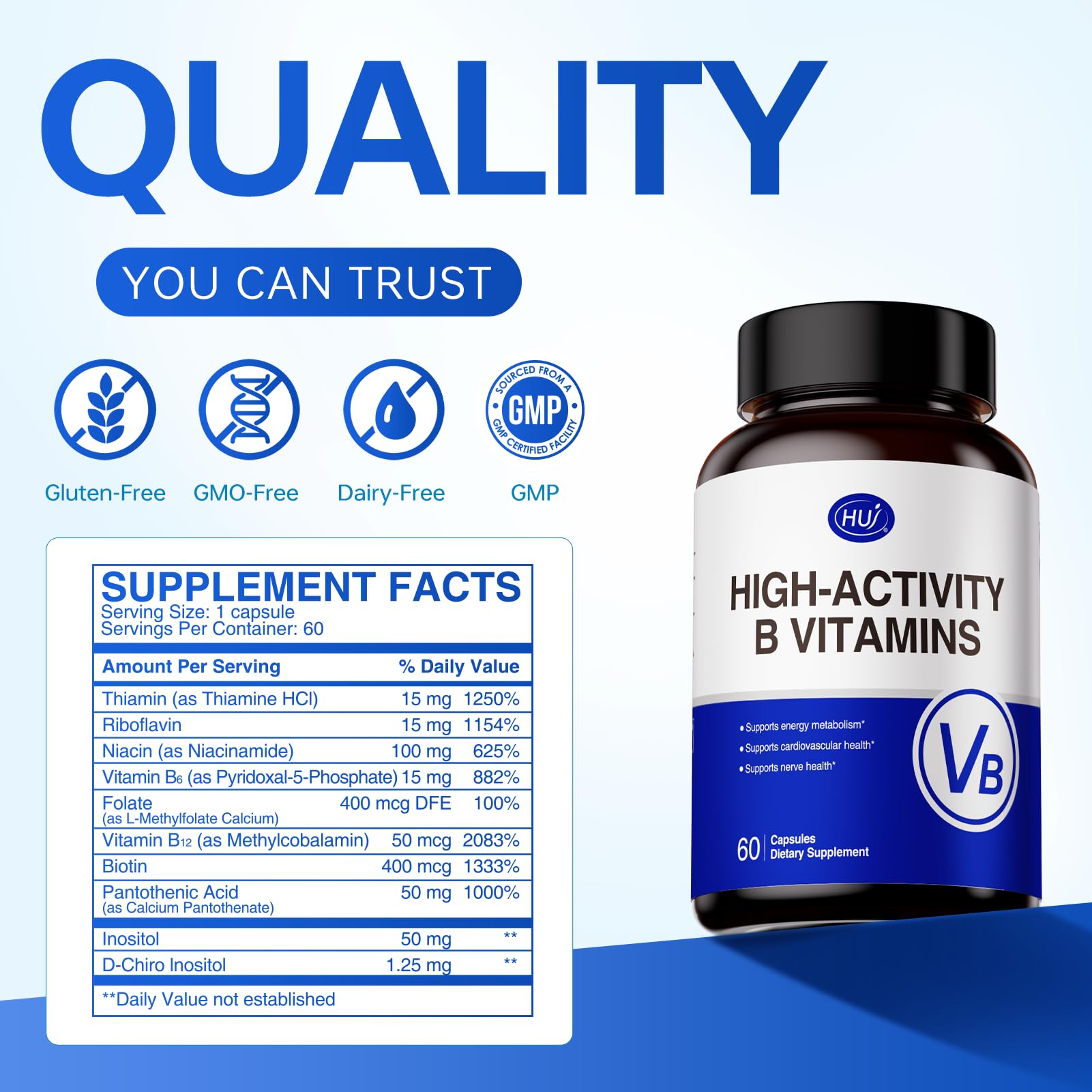 HUJ High-Activity B Vitamins - Supports Normal Energy Metabolism & Nerve System Health - Supplement with 8 B Vitamins, Inositol and D-Chiro Inositol - 60 Capsules. - TrustMedUSA