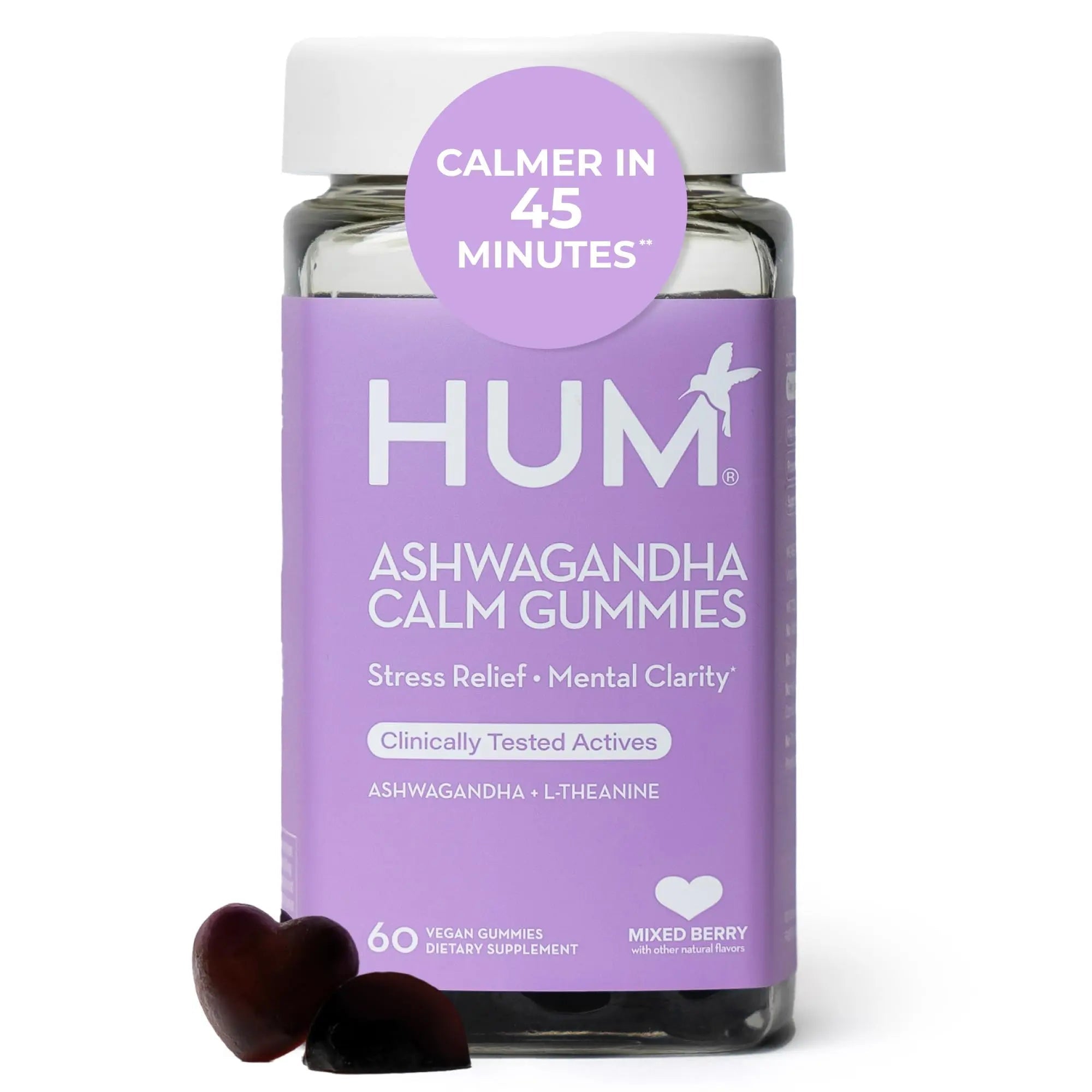 HUM Calm Ashwagandha Gummies for Women and Men, L-Theanine Ashwagandha Supplements for Daily Relaxation & Clarity Support, Vegan Fast Acting Gummy Formula, Mixed Berry Flavor, 60 Gummies - TrustMedUSA